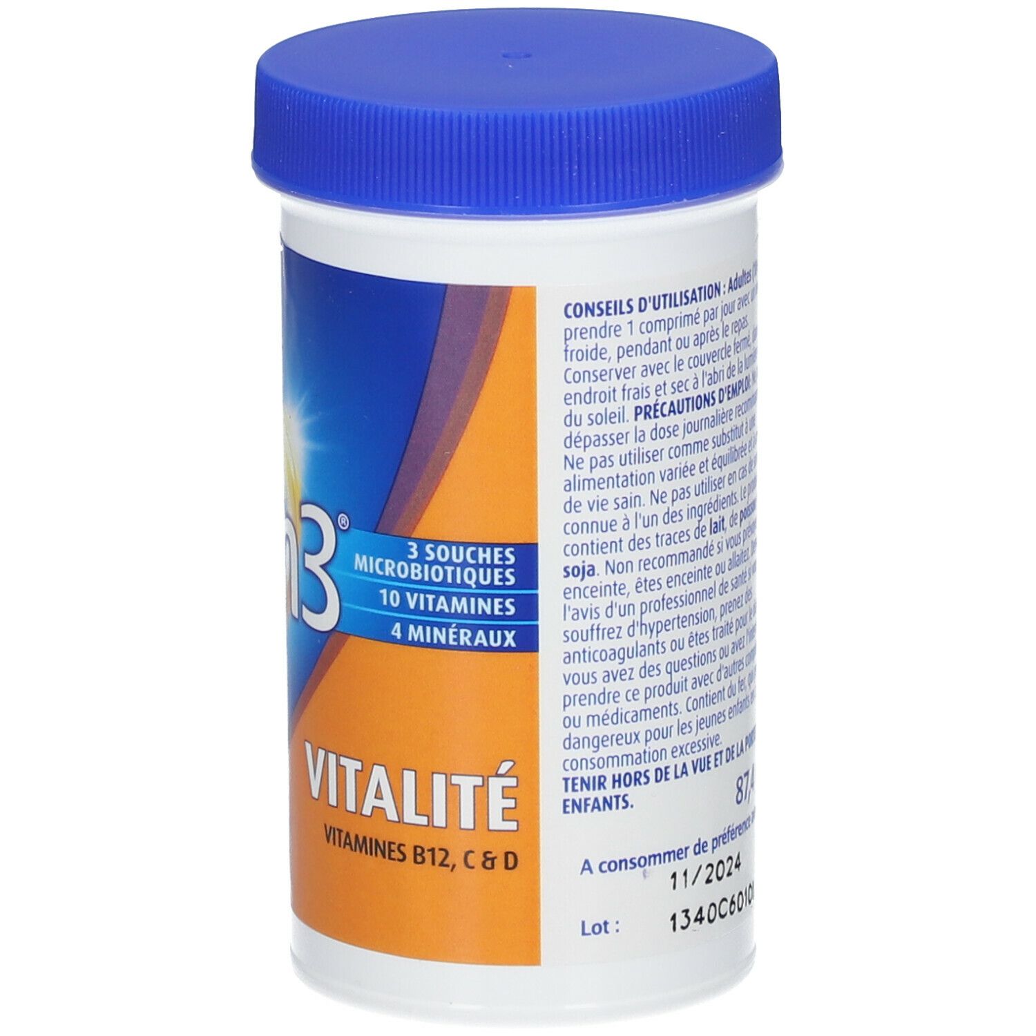 Flacon Bion3 Vitalité avec couvercle bleu. Informations textuelles, y compris les instructions d'utilisation. Fond blanc.