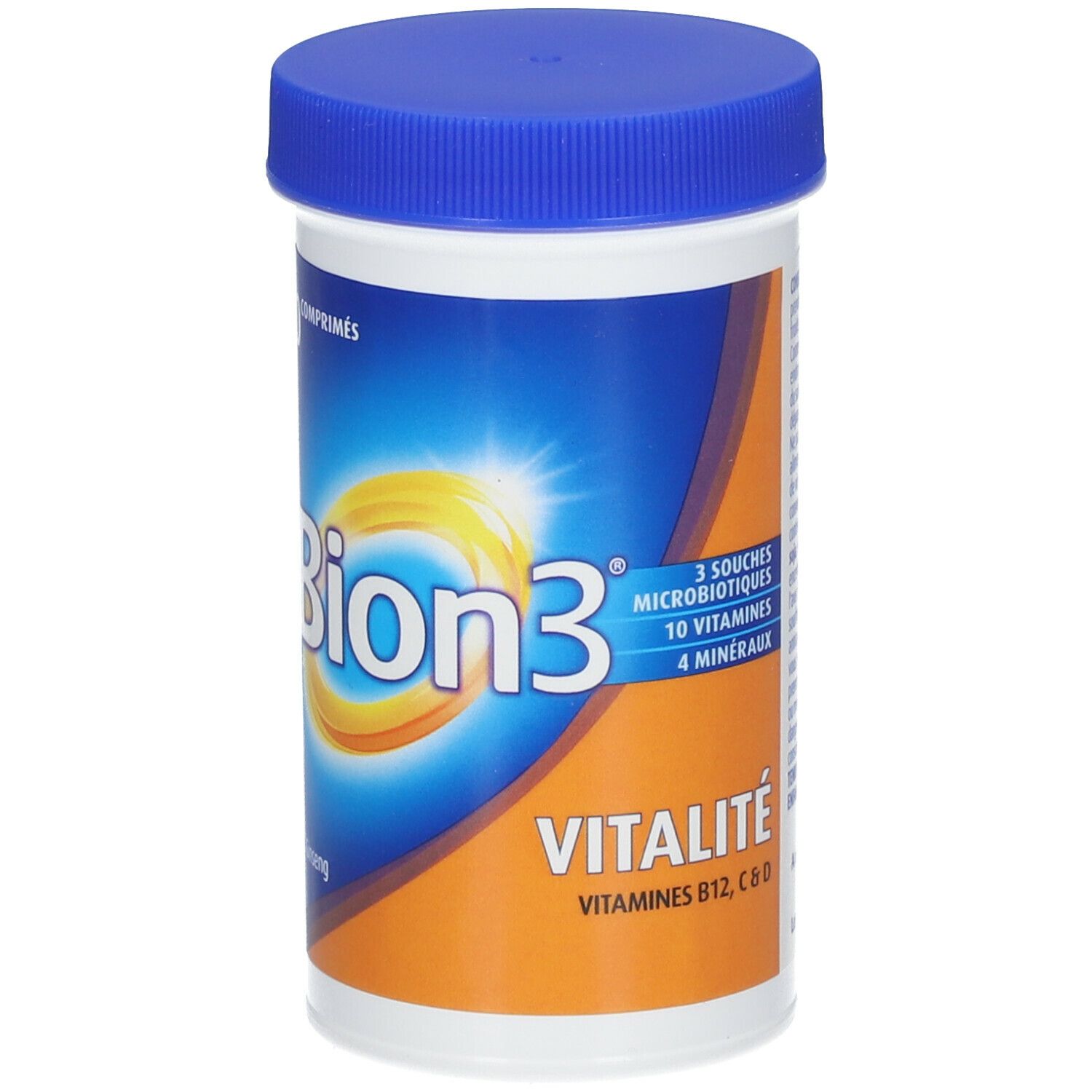Flacon cylindrique bleu et orange. Inscription Bion3 Vitalité, 80 comprimés. Contient du ginseng. Couvercle bleu.