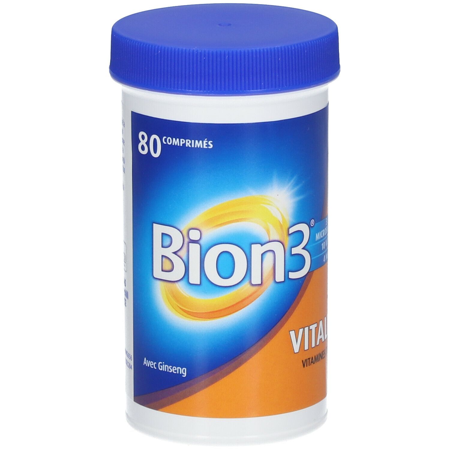 Flacon cylindrique bleu et orange. Inscription Bion3 Vitalité, 80 comprimés. Contient du ginseng. Couvercle bleu.