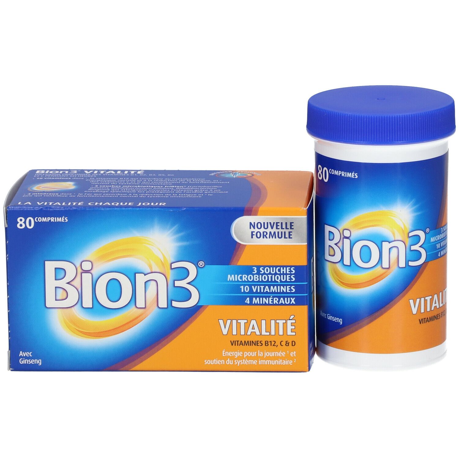Boîte et flacon Bion3 Vitalité. Boîte de 80 comprimés, flacon avec couvercle bleu. Fond orange et bleu.