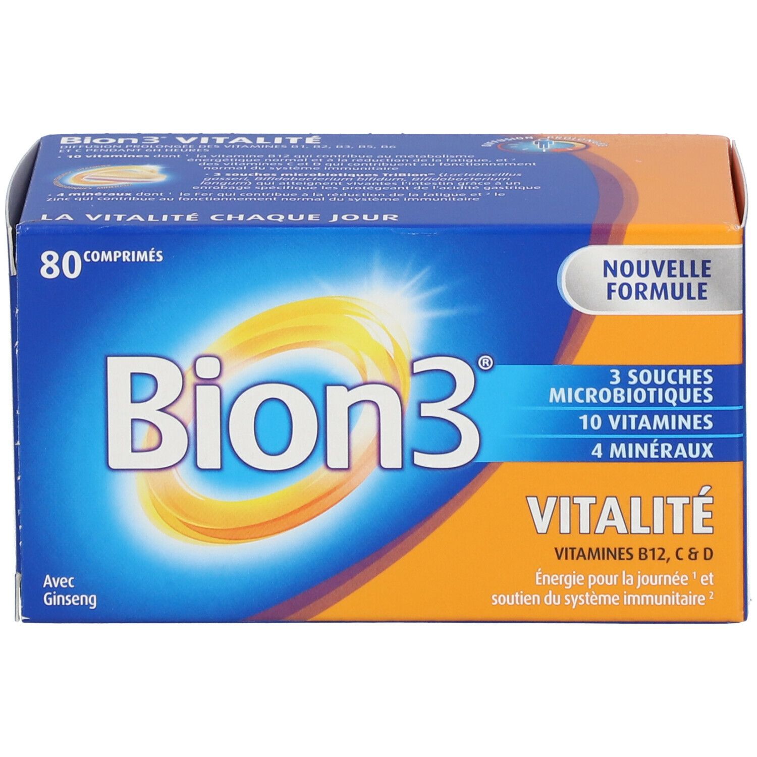 Boîte Bion3 Vitalité. Inscription : 80 comprimés, nouvelle formule. Fond orange et bleu.