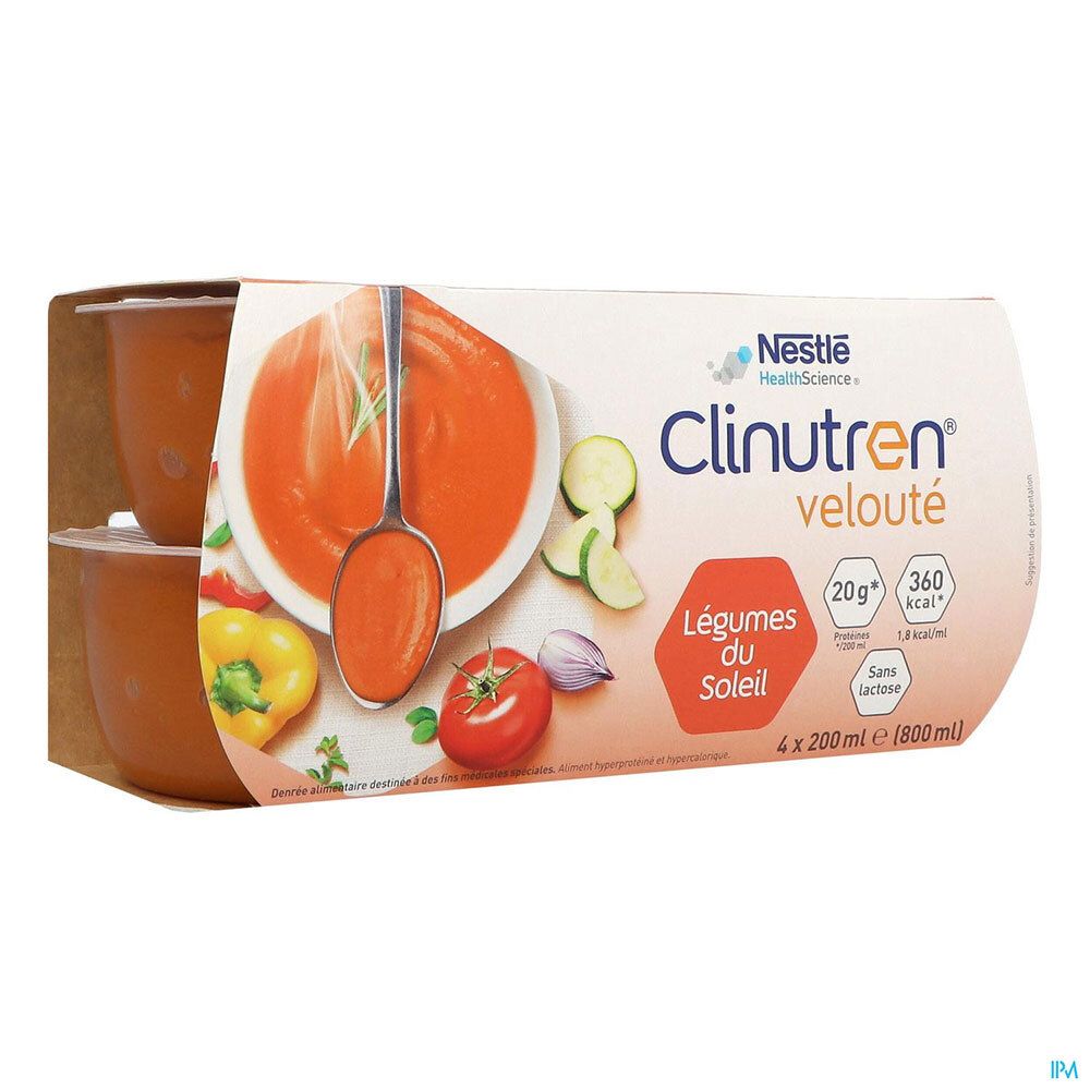 Pack de 4 Clinutren Velouté légumes du soleil. 20g protéines, 360 kcal, sans lactose. Nestle HealthScience. Légumes du Soleil.