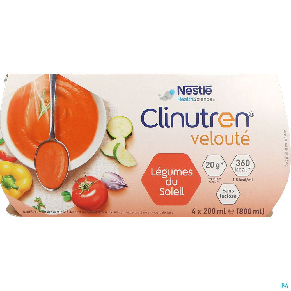 Pack de 4 Clinutren Velouté légumes du soleil. 20g protéines, 360 kcal, sans lactose. Nestle HealthScience. Légumes du Soleil.