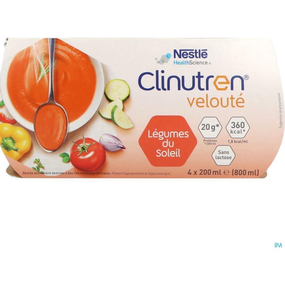 Pack de 4 Clinutren Velouté légumes du soleil. 20g protéines, 360 kcal, sans lactose. Nestle HealthScience. Légumes du Soleil.