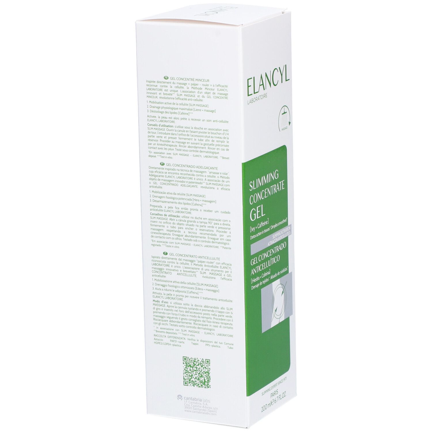 Rückseite der weißen Produktverpackung. Text und QR-Code. ELANCYL Logo. Informationen in mehreren Sprachen.