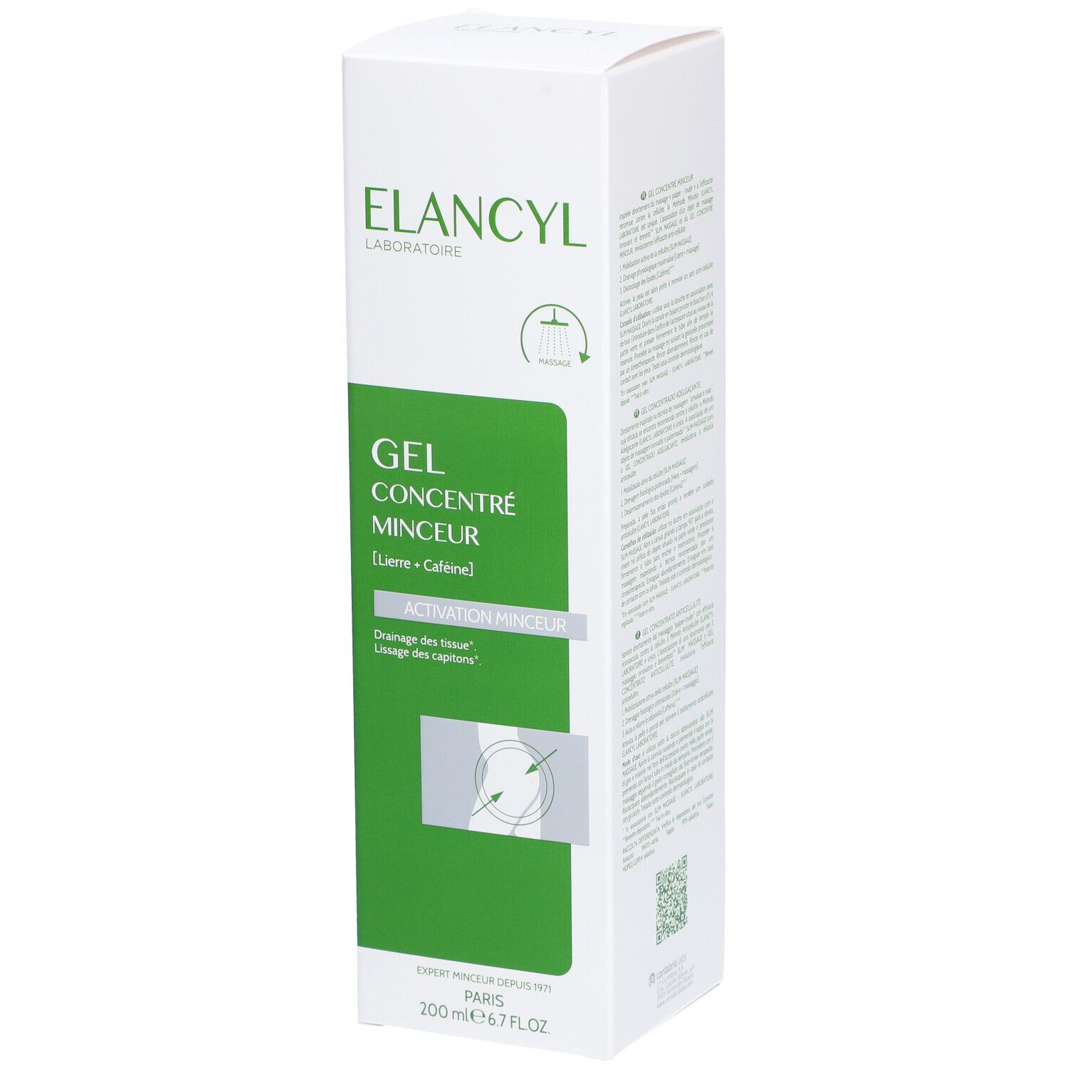 Weißer Karton mit grünem Feld. Text: ELANCYL, GEL CONCENTRÉ MINCEUR, ACTIVATION MINCEUR. 200 ml.