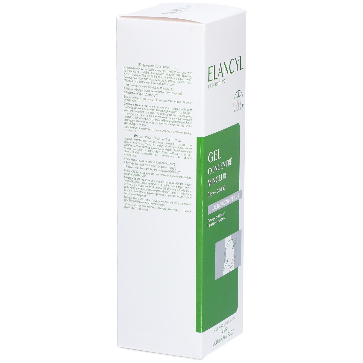 Rückseite der weißen Produktverpackung. Text und QR-Code. ELANCYL Logo. Informationen in mehreren Sprachen.