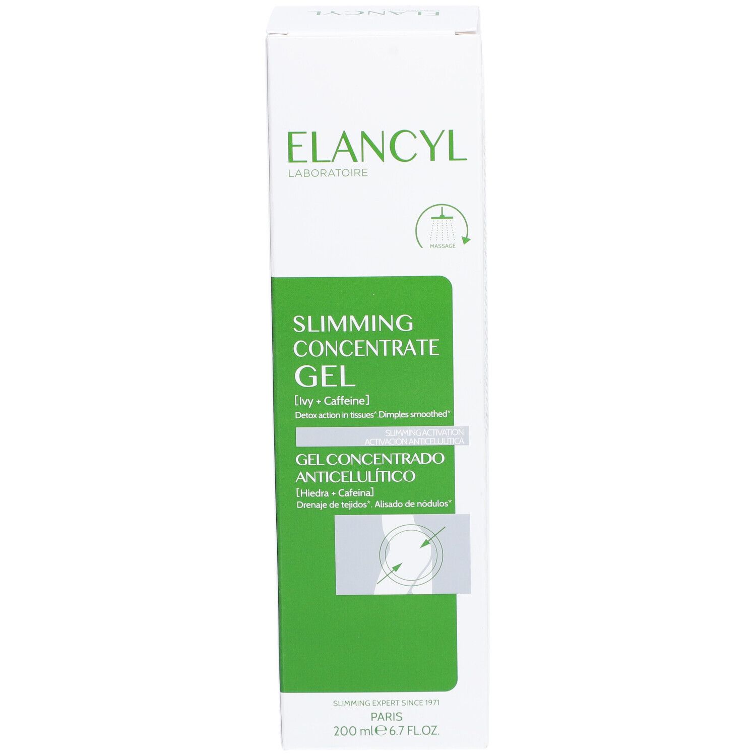 Weißer Karton mit grünem Feld. Text: ELANCYL, SLIMMING CONCENTRATE GEL, GEL CONCENTRADO ANTICELULITICO. 200 ml.