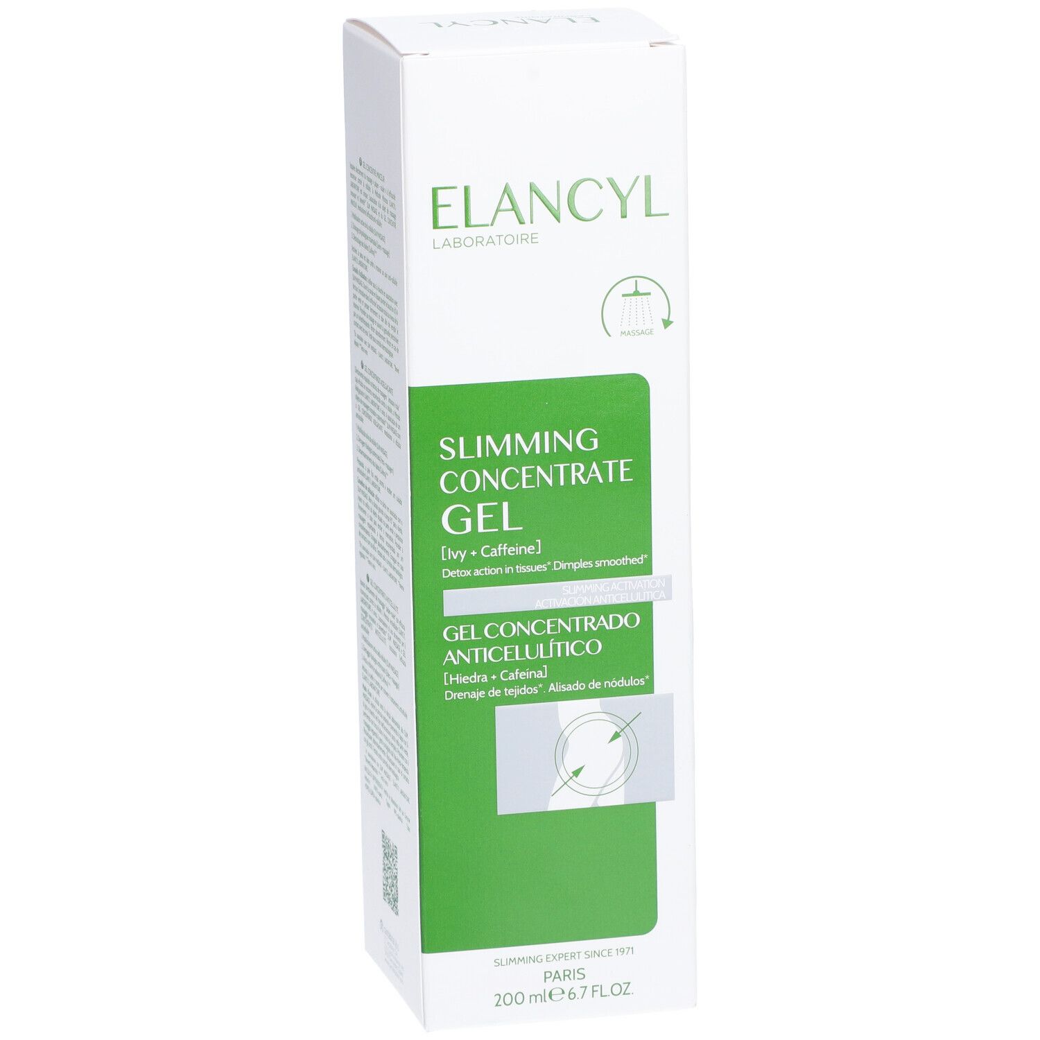 Weißer Karton mit grünem Feld. Text: ELANCYL, SLIMMING CONCENTRATE GEL, GEL CONCENTRADO ANTICELULITICO. 200 ml.