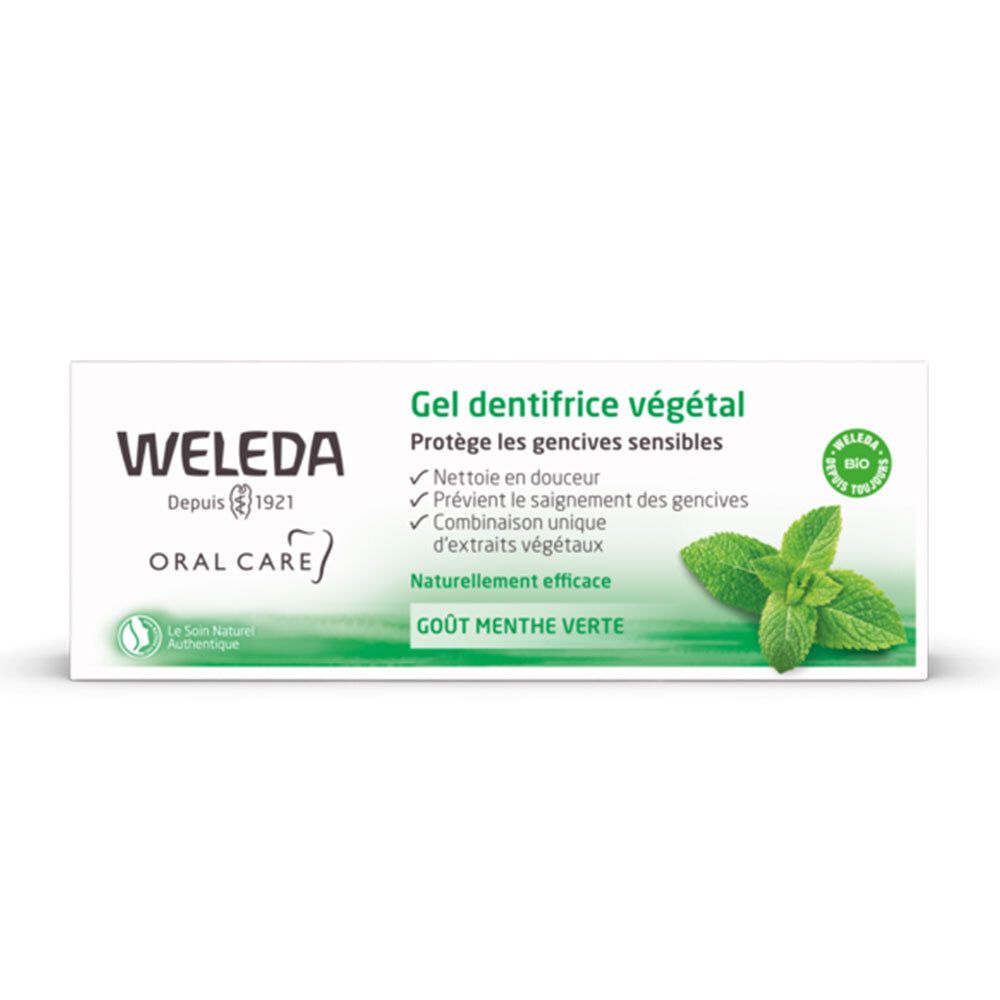 Zahngel-Verpackung mit Text: Weleda, Oral Care, Gel dentifrice végétal. Grün-weiß, Minzblatt, Bio-Siegel.