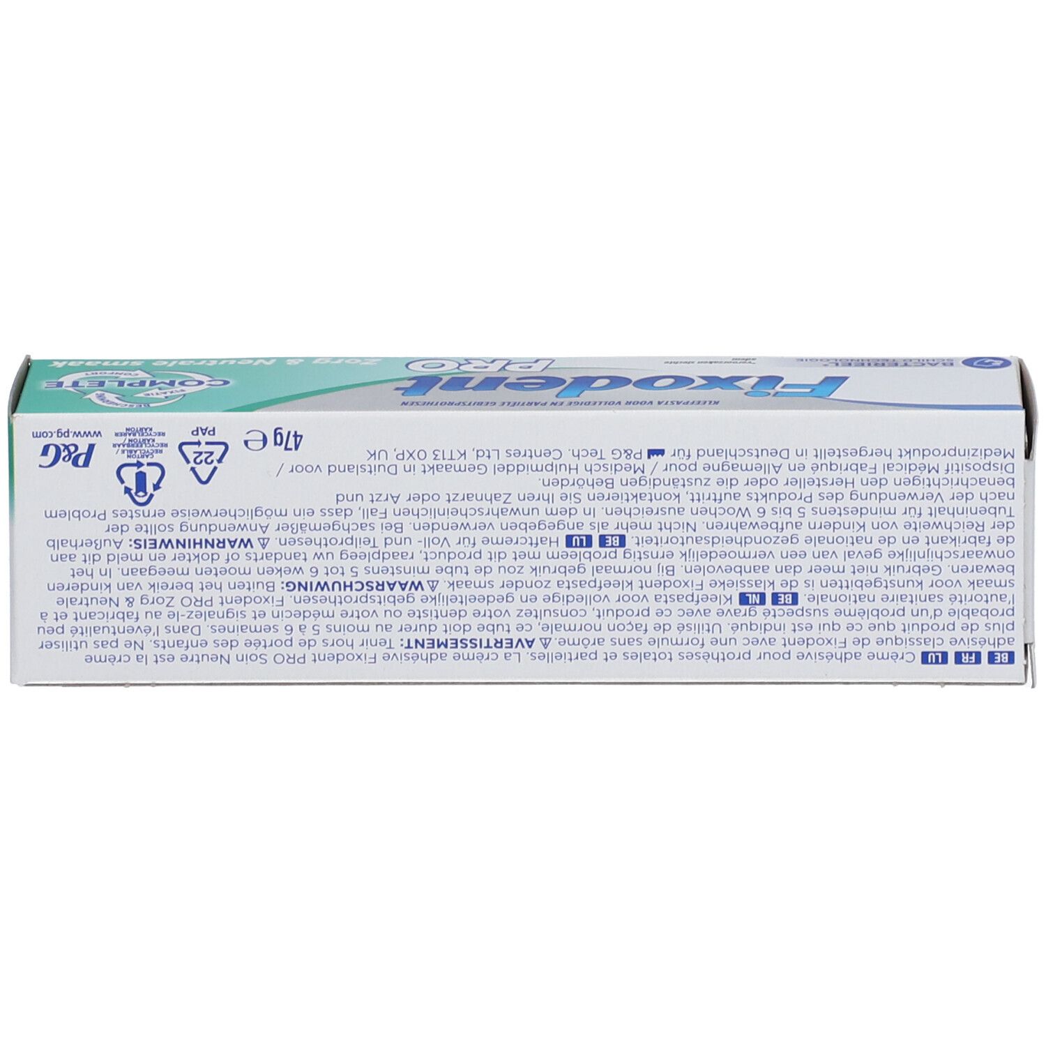 Dessus de l'emballage Fixodent Pro. Informations produit et avertissements.