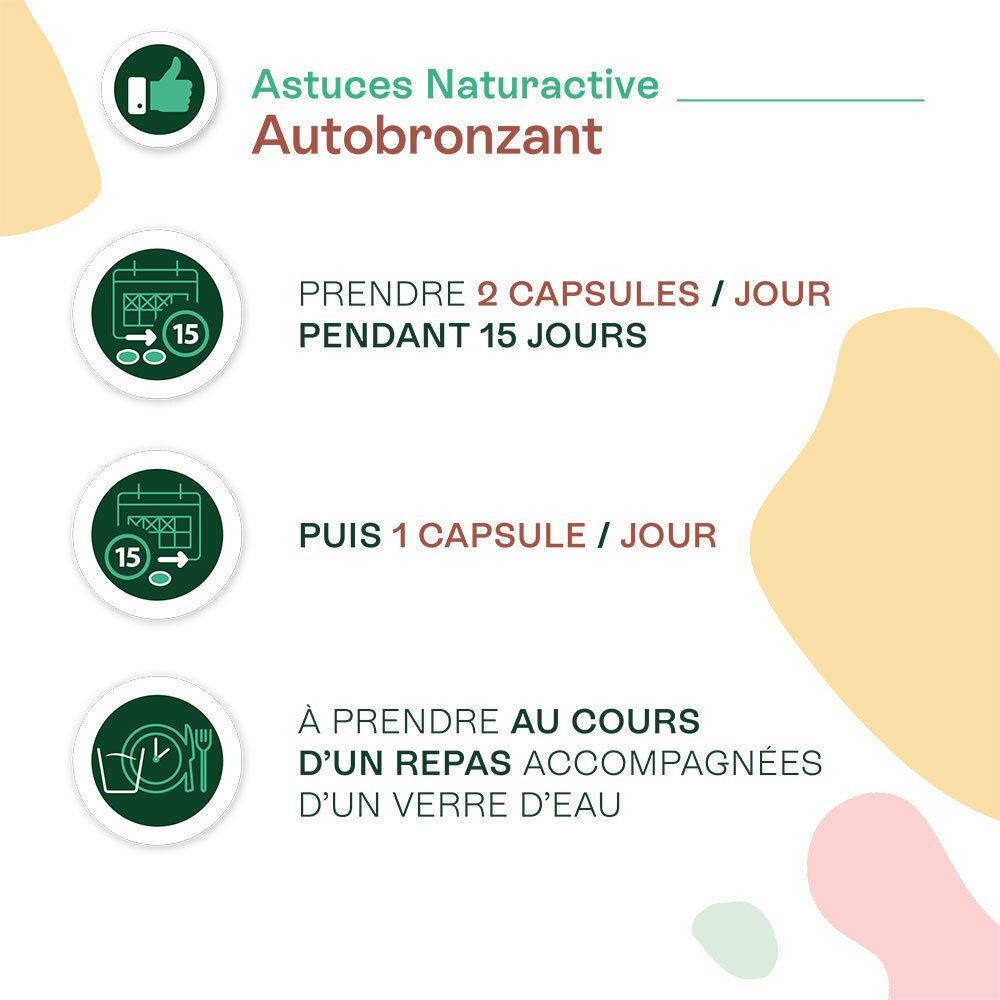Conseils d'utilisation DORIANCE. 2 gélules/jour pendant 15 jours, puis 1 gélule/jour. À prendre avec de l'eau.