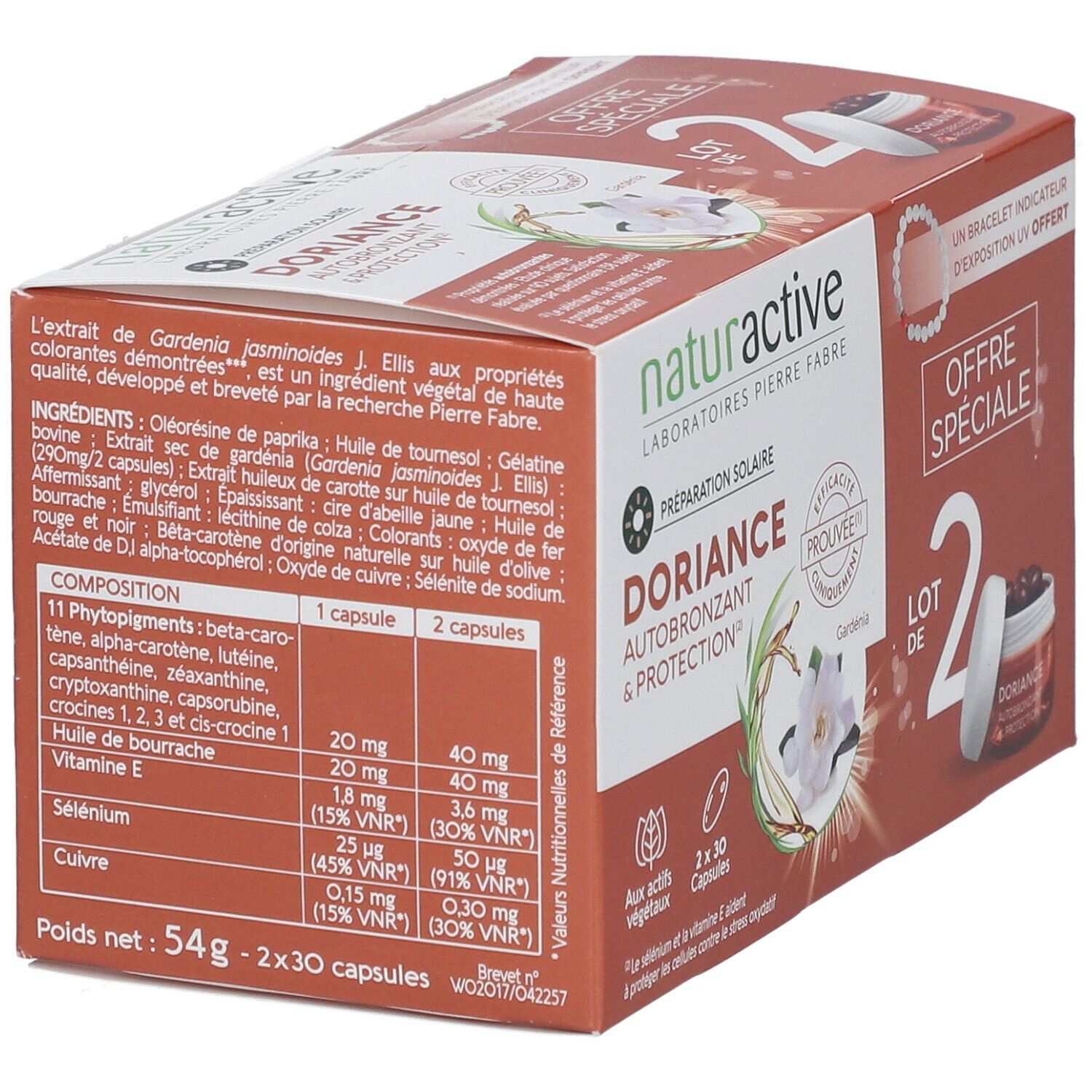 Boîte de naturactive DORIANCE. Contient 2 x 30 capsules. Ingrédients et informations nutritionnelles. Avec fleur de gardénia.