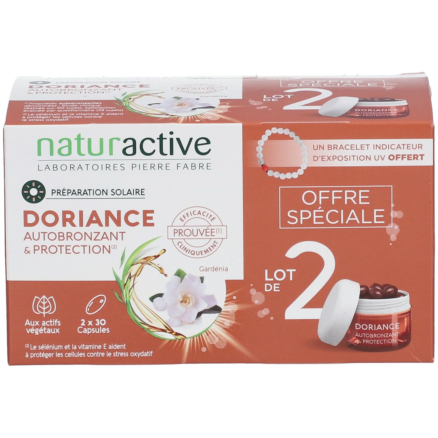 Boîte de naturactive DORIANCE. Contient 2 x 30 capsules. Inscription: AUTOBRONZANT & PROTECTION. Avec fleur de gardénia.