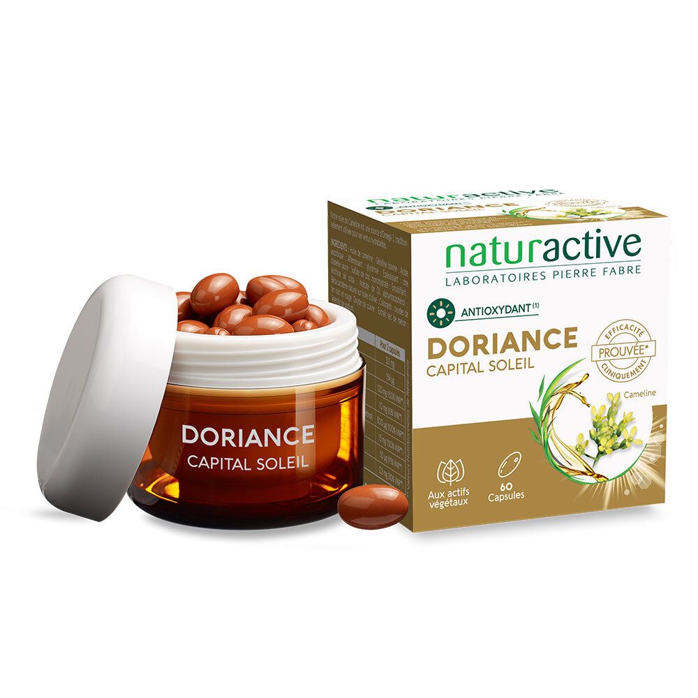 Emballage du produit avec gélules. Gélules brunes dans un pot en verre. Inscription DORIANCE Capital Soleil.