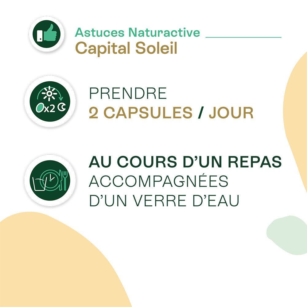 Instructions : prendre 2 gélules par jour avec un verre d'eau au cours d'un repas.