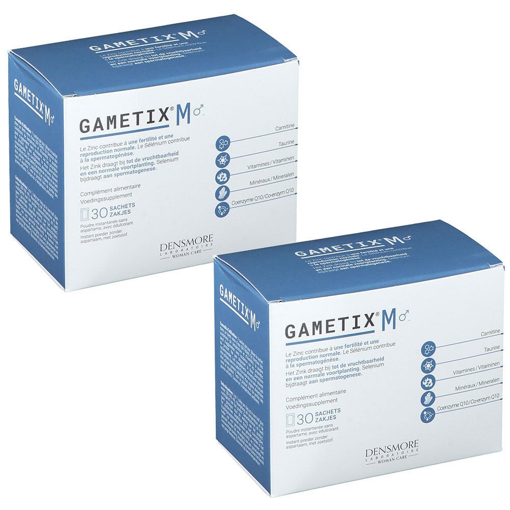 Deux boîtes Gametix M. Emballage bleu et blanc avec informations produit et 30 sachets.
