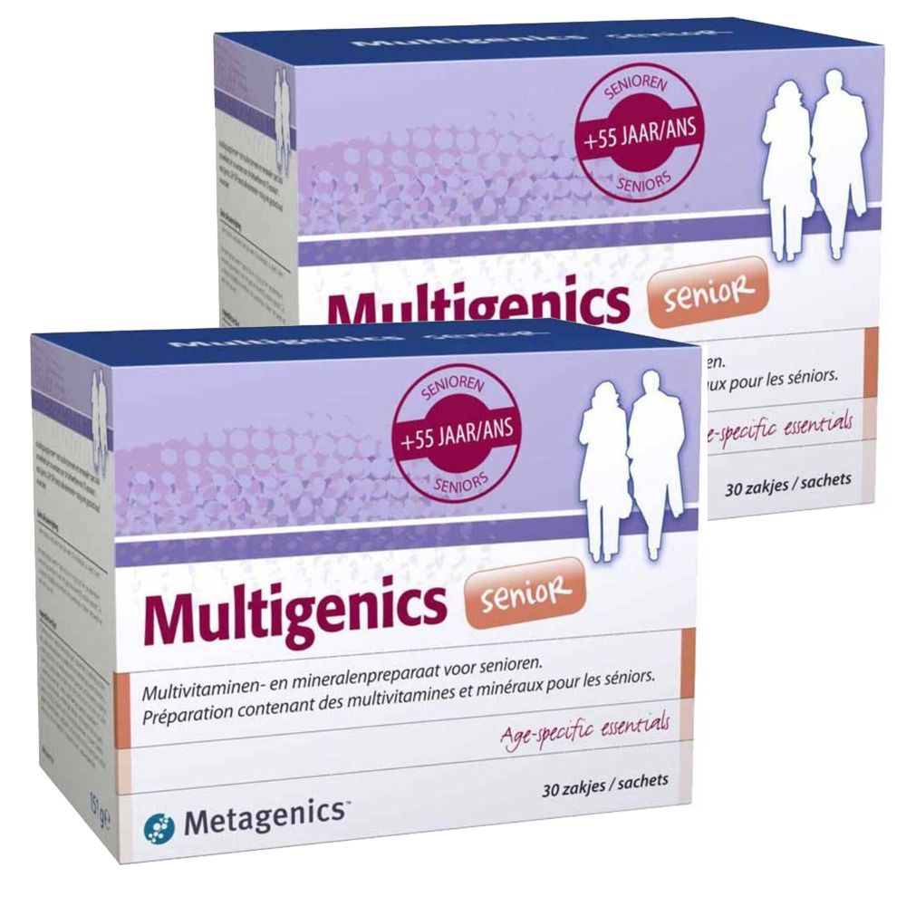 Deux boîtes de Multigenics Senior. Inscription : +55 ans/Ans. Contient des multivitamines et minéraux. 30 sachets. Marque Metagenics.