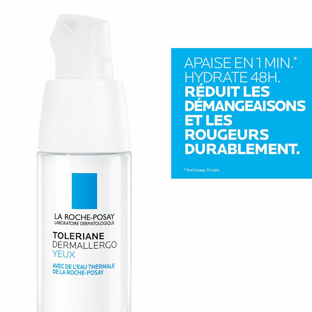 La Roche-Posay Toleriane Dermallegro YEUX. Flacon blanc, carré bleu. Texte sur fond bleu : apaise en 1 minute.