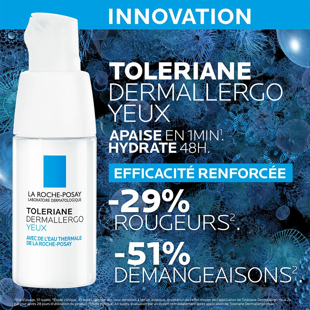 La Roche-Posay Toleriane Dermallegro YEUX. Flacon blanc, carré bleu. Texte sur fond bleu : -29% rougeurs, -51% démangeaisons.