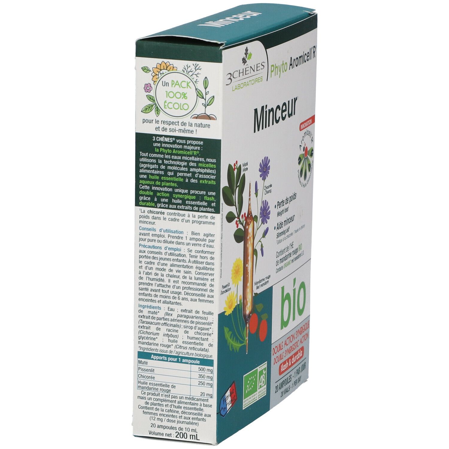 Produktverpackung mit Text. "3 Chênes Laboratoires" und "Minceur" sind sichtbar. "bio" und Inhaltsangaben sind ebenfalls zu sehen.