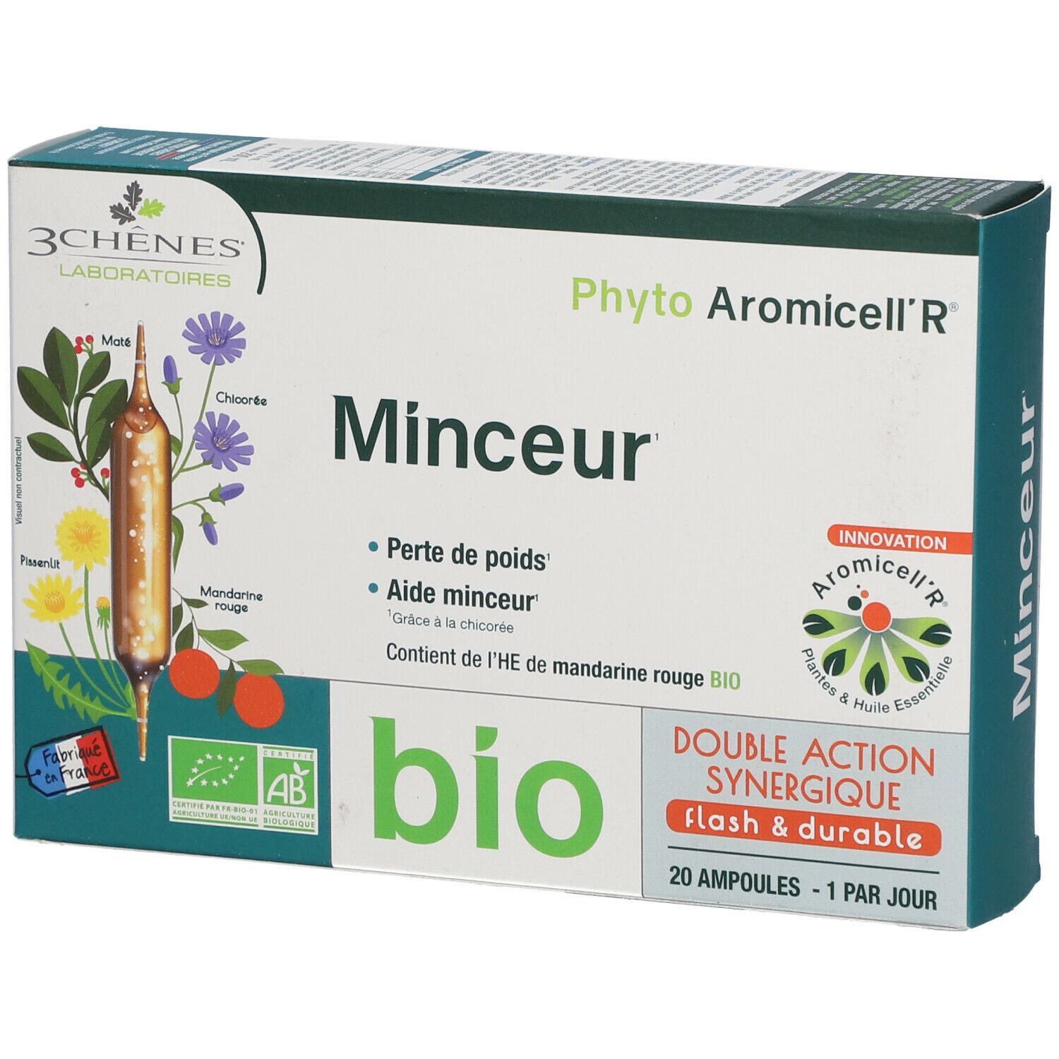 Karton mit Produktaufdrucken. "3 Chênes Laboratoires" und "Phyto Aromicell'R" sind sichtbar. "Minceur" und "bio" sind ebenfalls zu sehen.