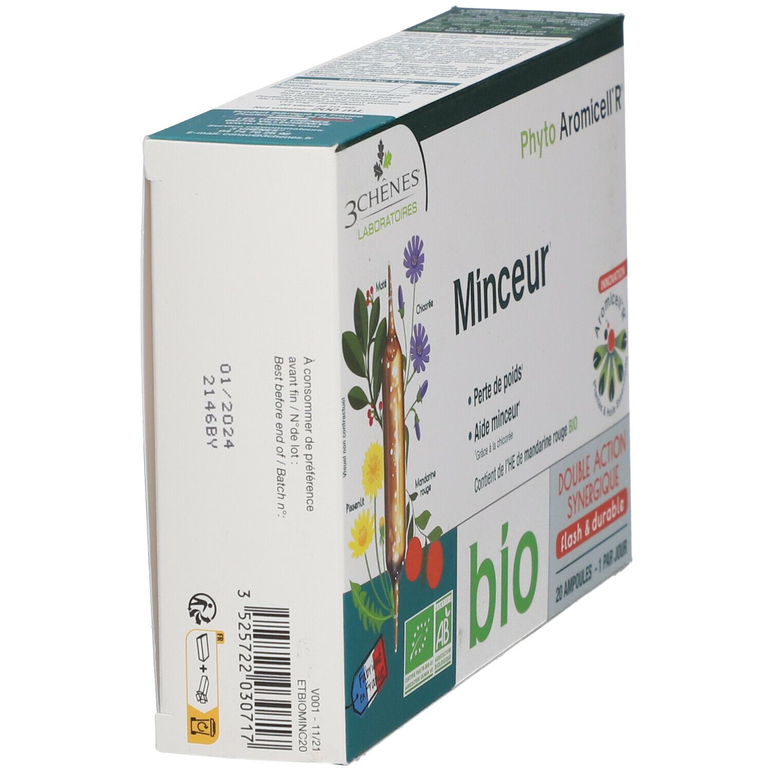 Produktverpackung mit Text. "3 Chênes Laboratoires" und "Minceur" sind sichtbar. "bio" und Haltbarkeitsdatum sind ebenfalls zu sehen.