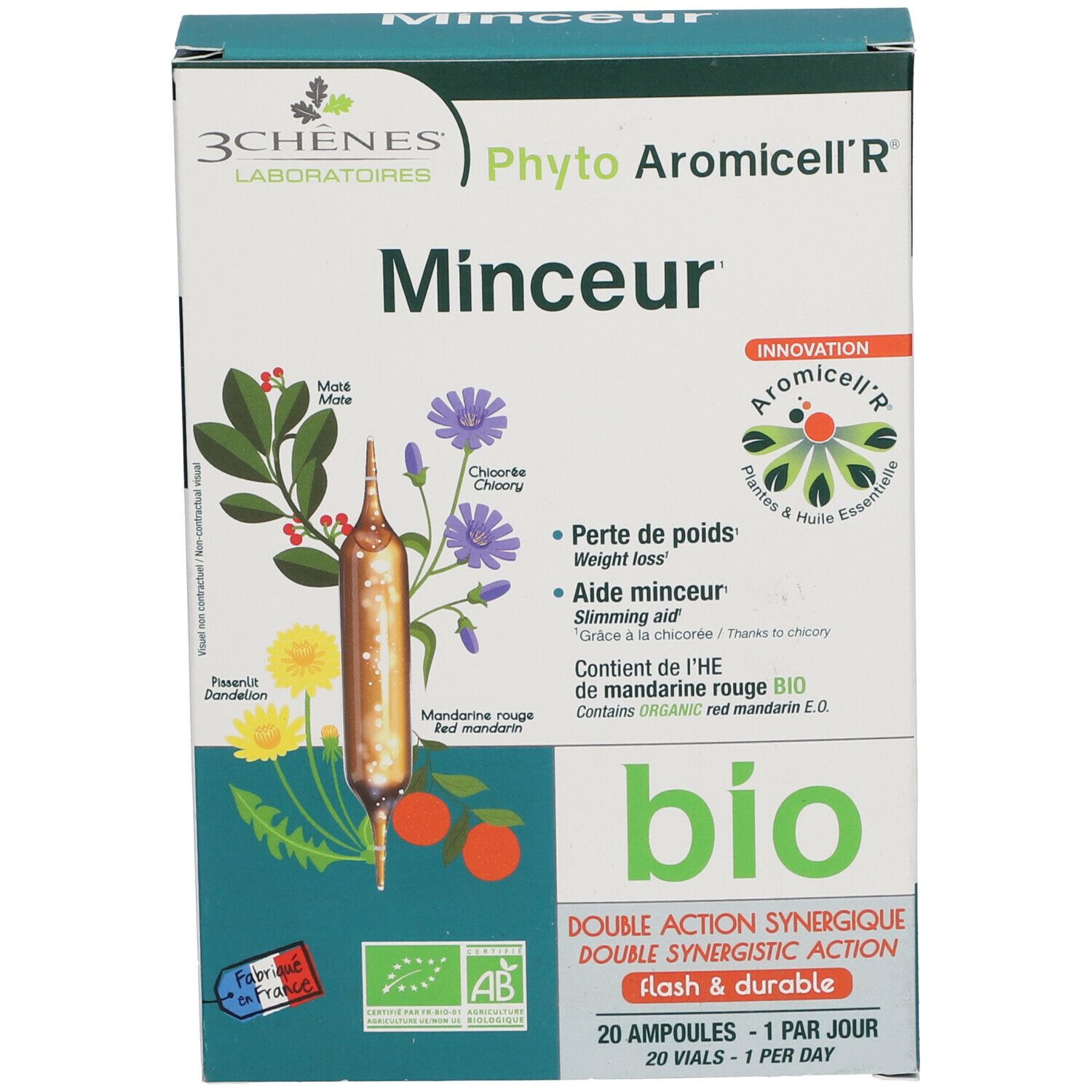 Karton mit Produktaufdrucken. "3 Chênes Laboratoires" und "Phyto Aromicell'R" sind sichtbar. "Minceur" und "bio" sind ebenfalls zu sehen.