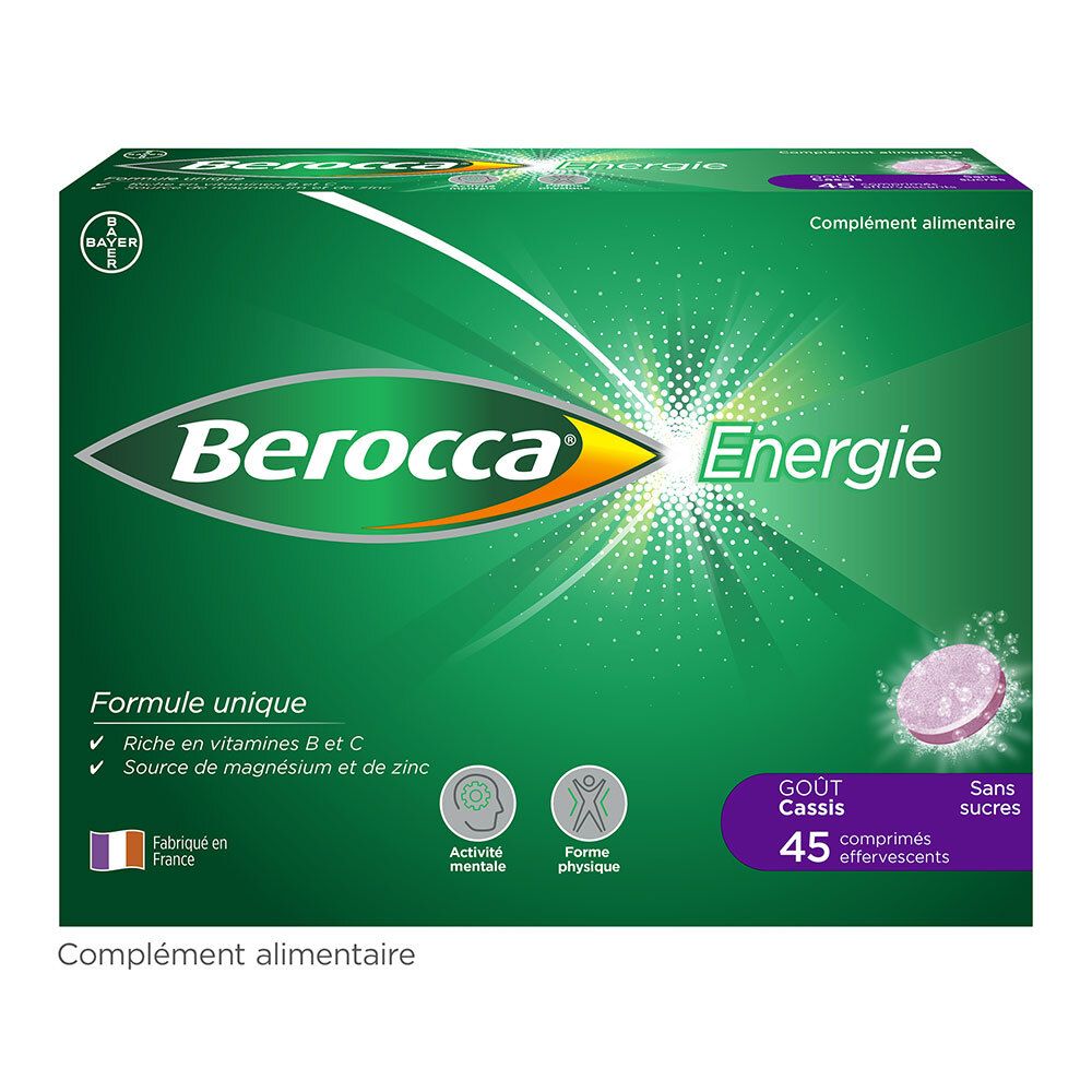 Berocca Energie Cassis Vitamine B et C, Magnésium et Zinc 45 cps Effervescents