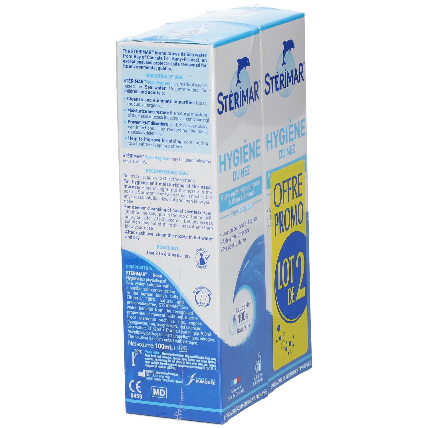 STÉRIMAR Hygiène du nez, emballage bleu. Texte et logo visibles. "Offre Promo" et "Lot de 2" sur le côté.