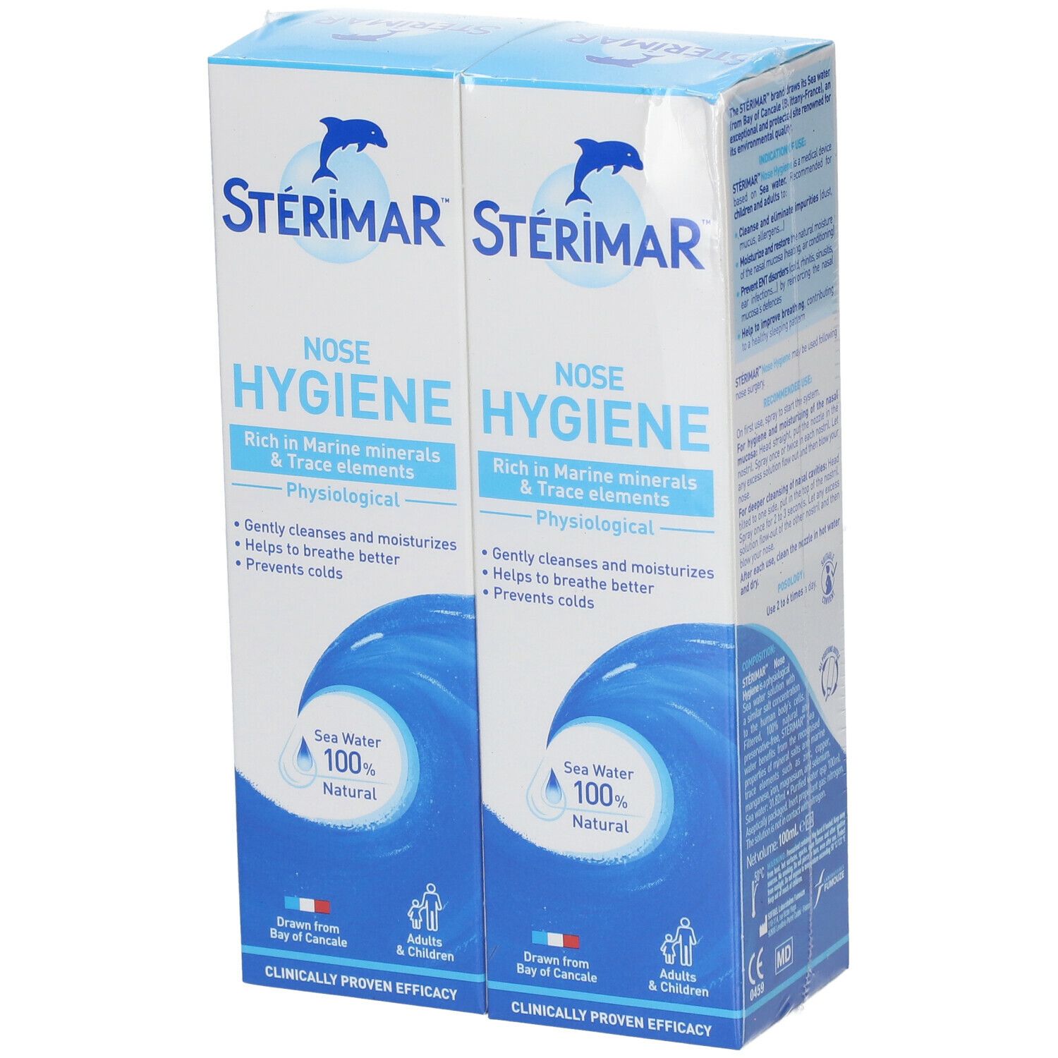 Deux boîtes STÉRIMAR Nose Hygiene. Emballage bleu avec logo et texte. Eau de mer 100% naturelle.