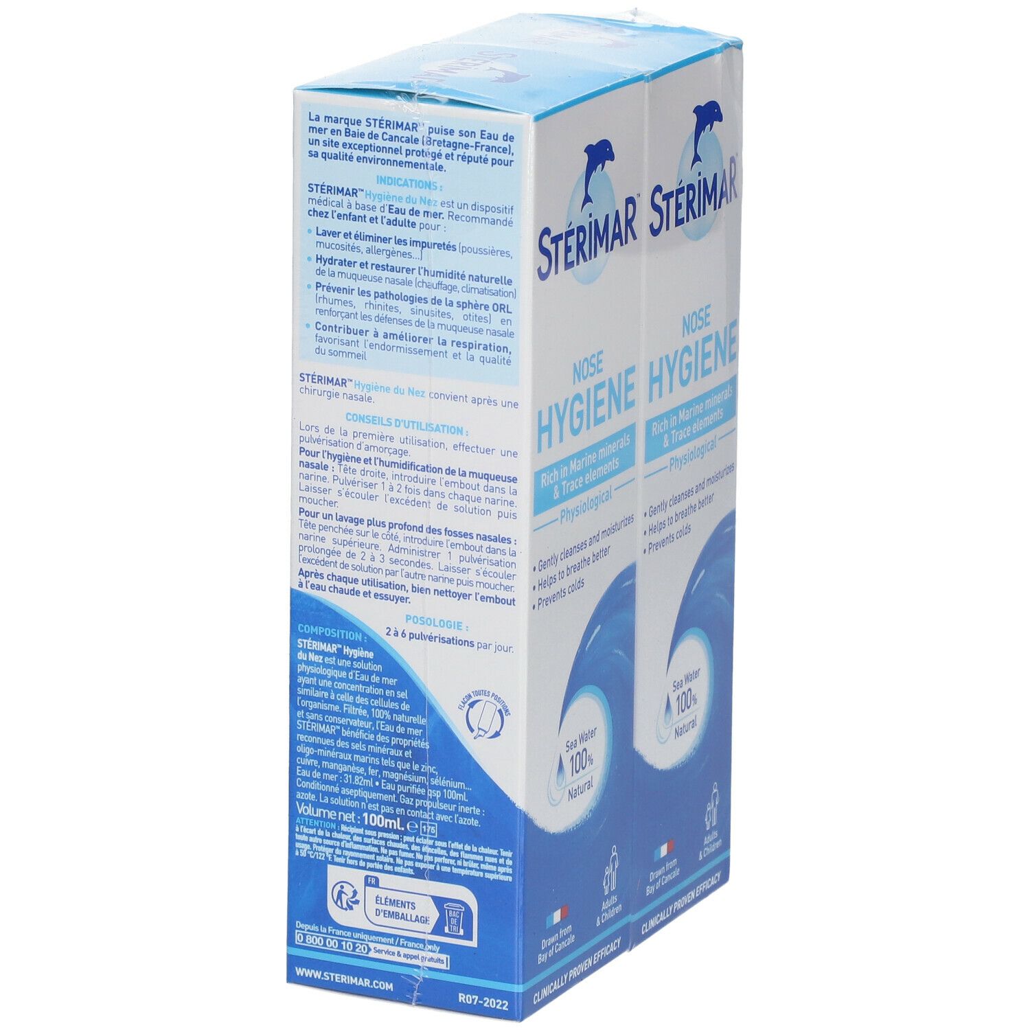 STÉRIMAR Nose Hygiene, emballage bleu. Texte et logo visibles. Eau de mer 100% naturelle. Texte sur le côté.