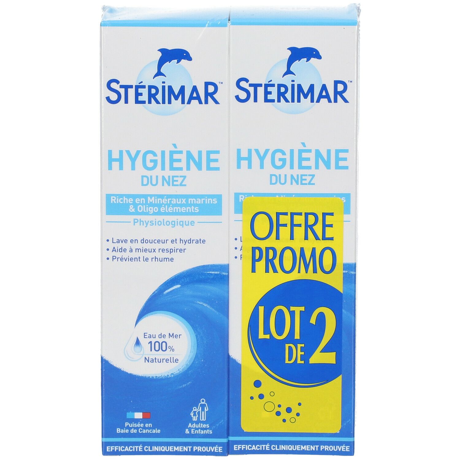 Deux boîtes STÉRIMAR Hygiène du nez. Emballage bleu avec logo et texte. "Offre Promo" et "Lot de 2" visibles.