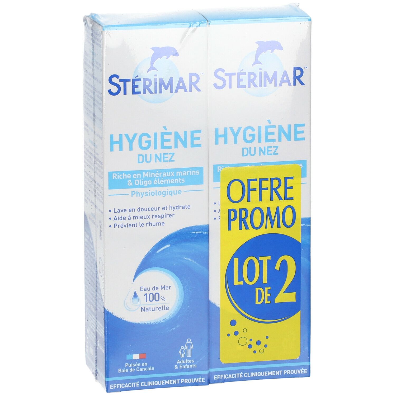 Plusieurs boîtes STÉRIMAR Hygiène du nez. Emballage bleu avec logo et texte. "Offre Promo" et "Lot de 2" visibles.