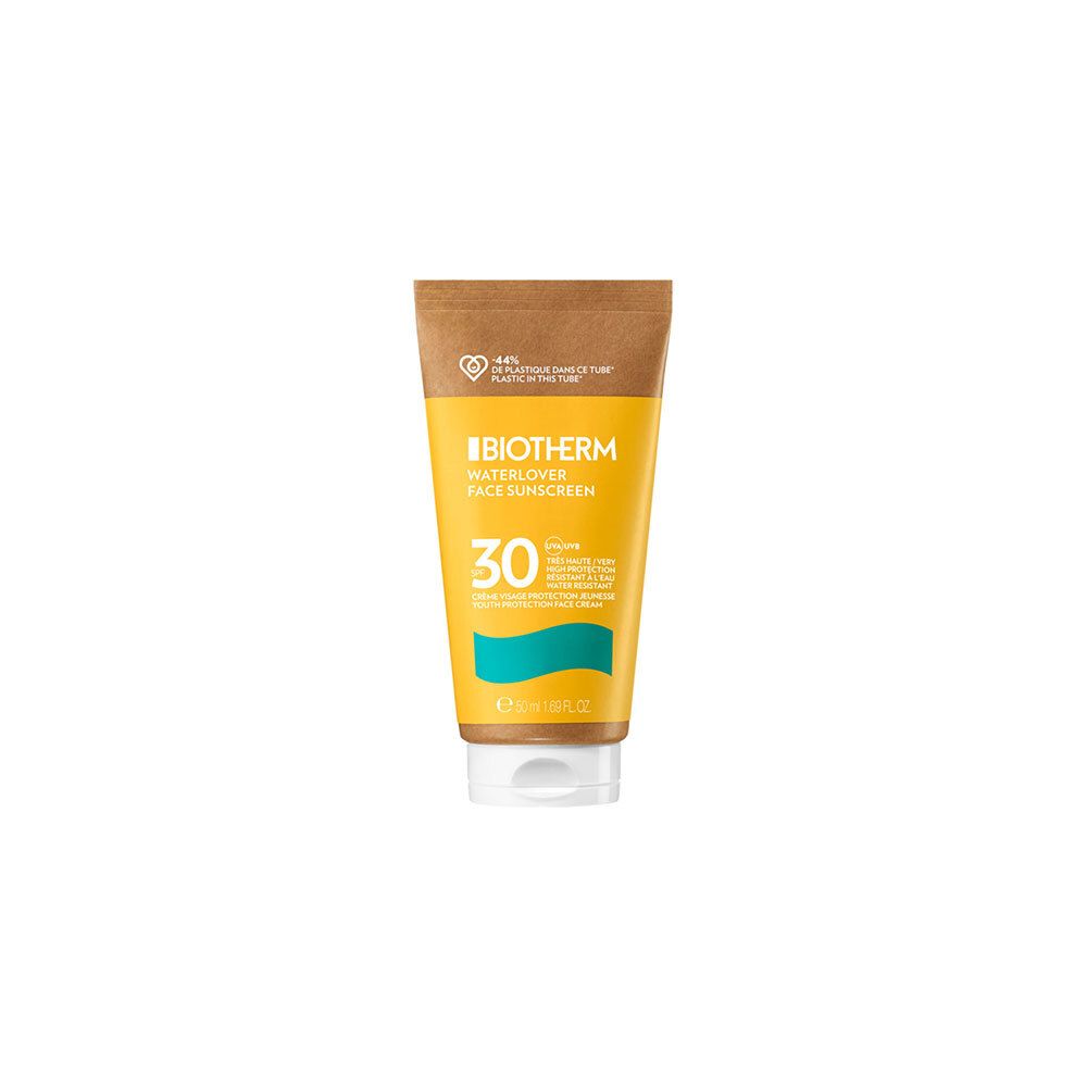Gelbe Tube mit Sonnencreme. Aufschrift: BIOTHERM WATERLOVER FACE SUNSCREEN SPF30. Brauner Deckel. Weiße Kappe.