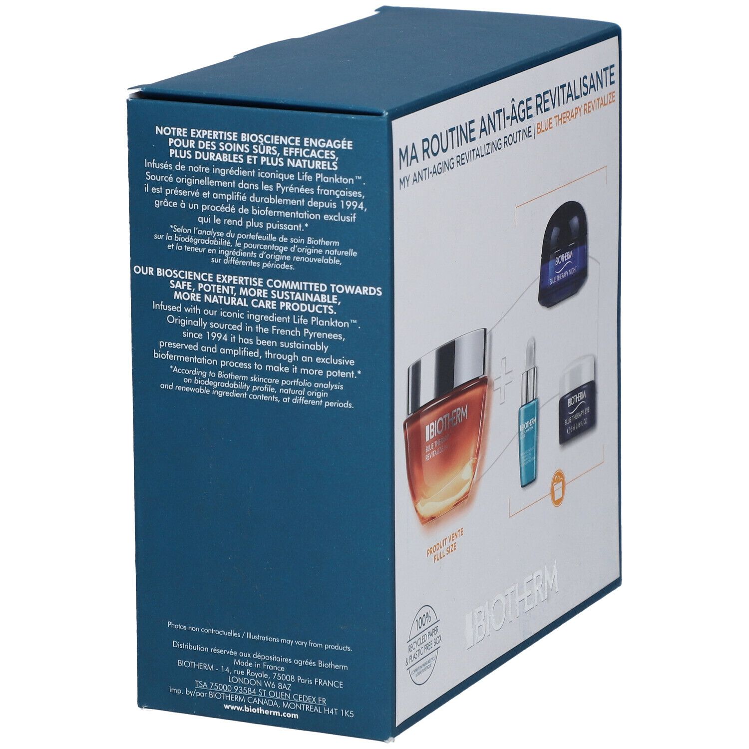 Boîte bleue, vue latérale. Texte: BIOTHERM, Ma Routine Anti-Âge Revitalisante. Contient illustrations de produits et texte.