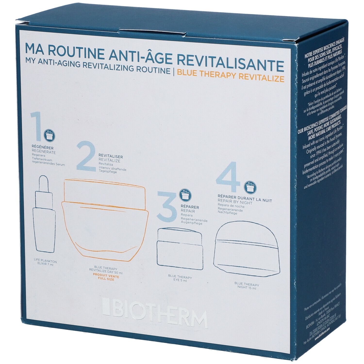 Boîte bleue avec schéma des produits. Contient crème, sérum et crème pour les yeux. Texte: BIOTHERM.