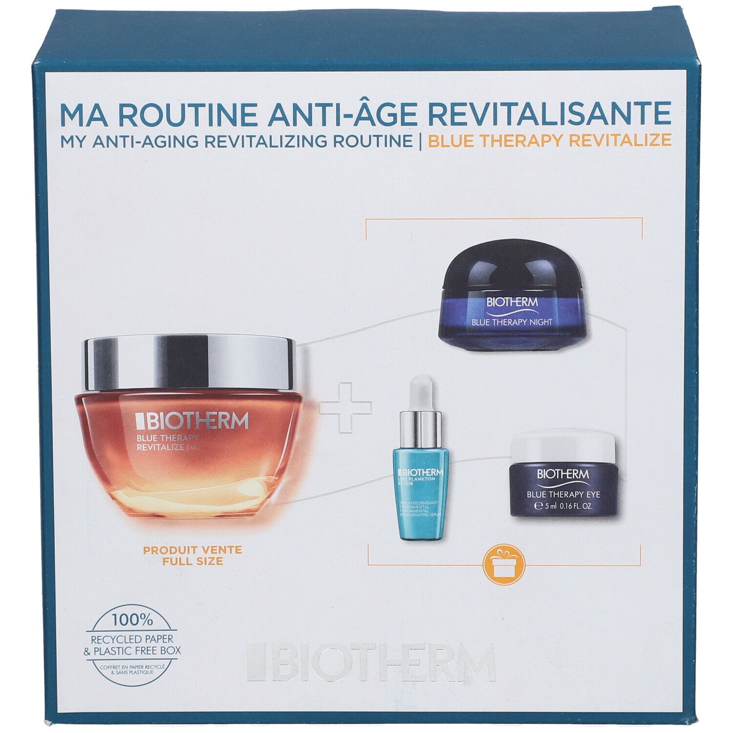 Boîte bleue avec illustrations de produits. Contient crème, sérum et crème pour les yeux. Texte: BIOTHERM, Blue Therapy Revitalize.