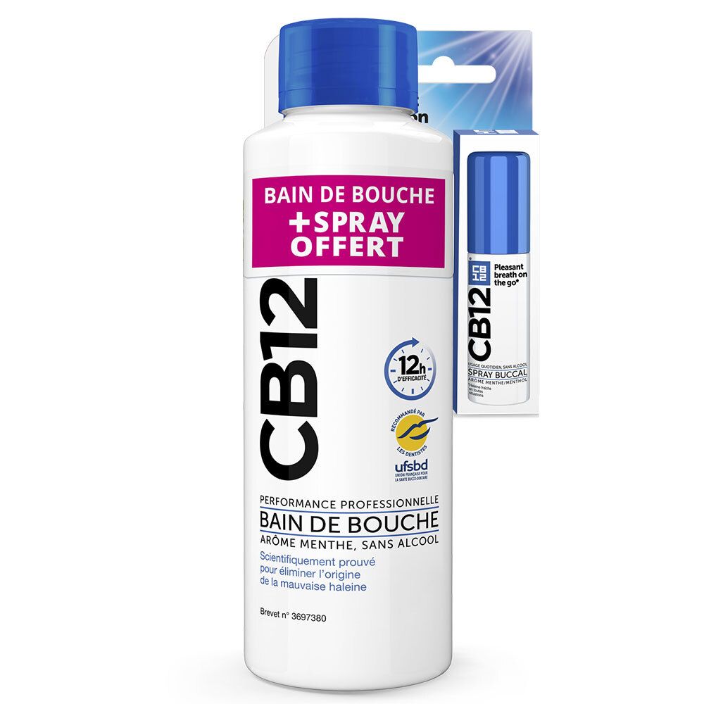 Bain de bouche et spray. Flacon et spray blanc et bleu. Inscription: CB12, Bain de bouche + Spray Offert.