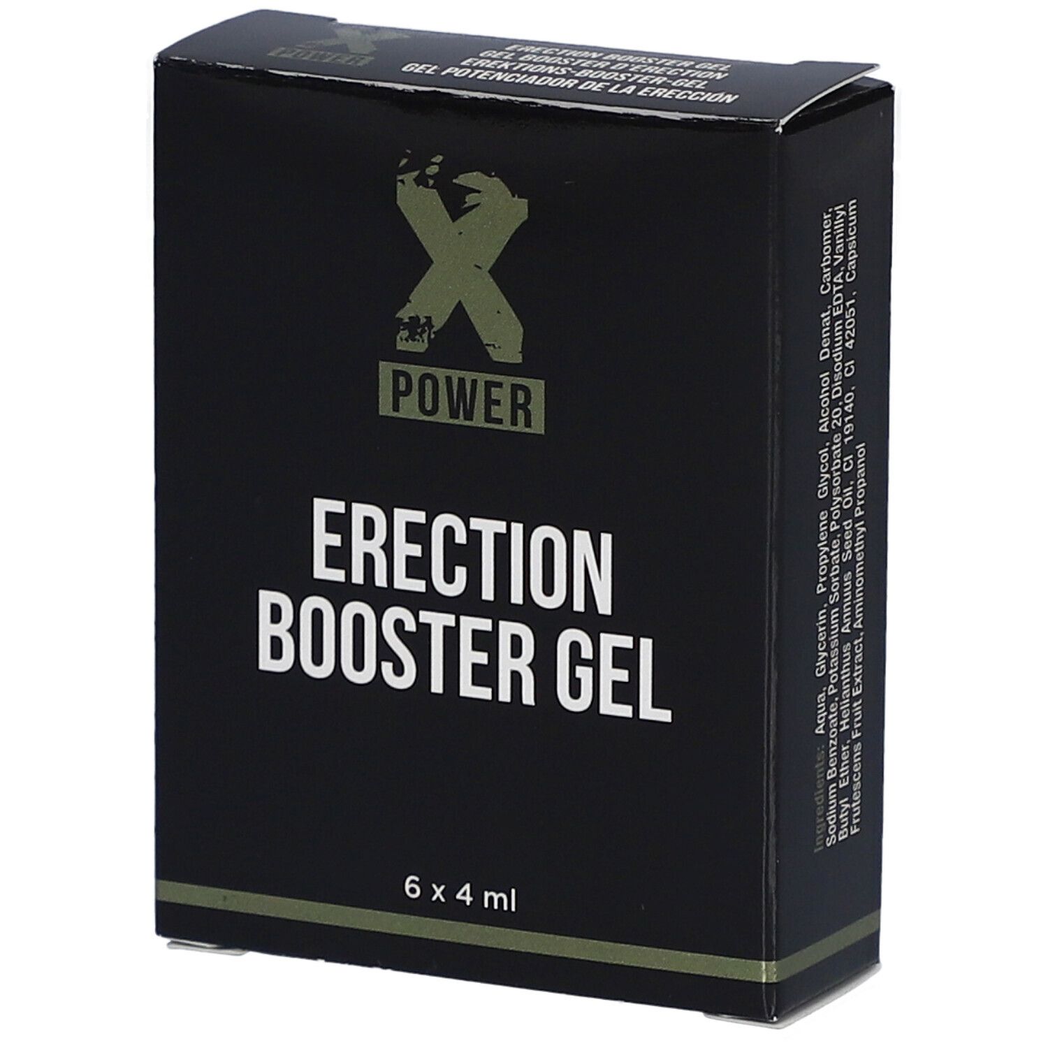Schwarze Schachtel mit "XPOWER ERECTION BOOSTER GEL". Enthält 6 x 4 ml. Logo und Produktname deutlich sichtbar.