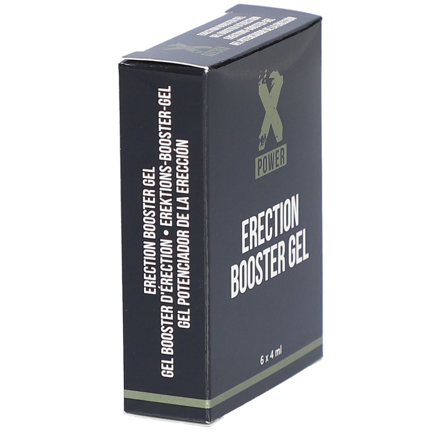 Schwarze Schachtel, "XPOWER ERECTION BOOSTER GEL". Seitlich: Produktname in mehreren Sprachen. 6 x 4 ml.