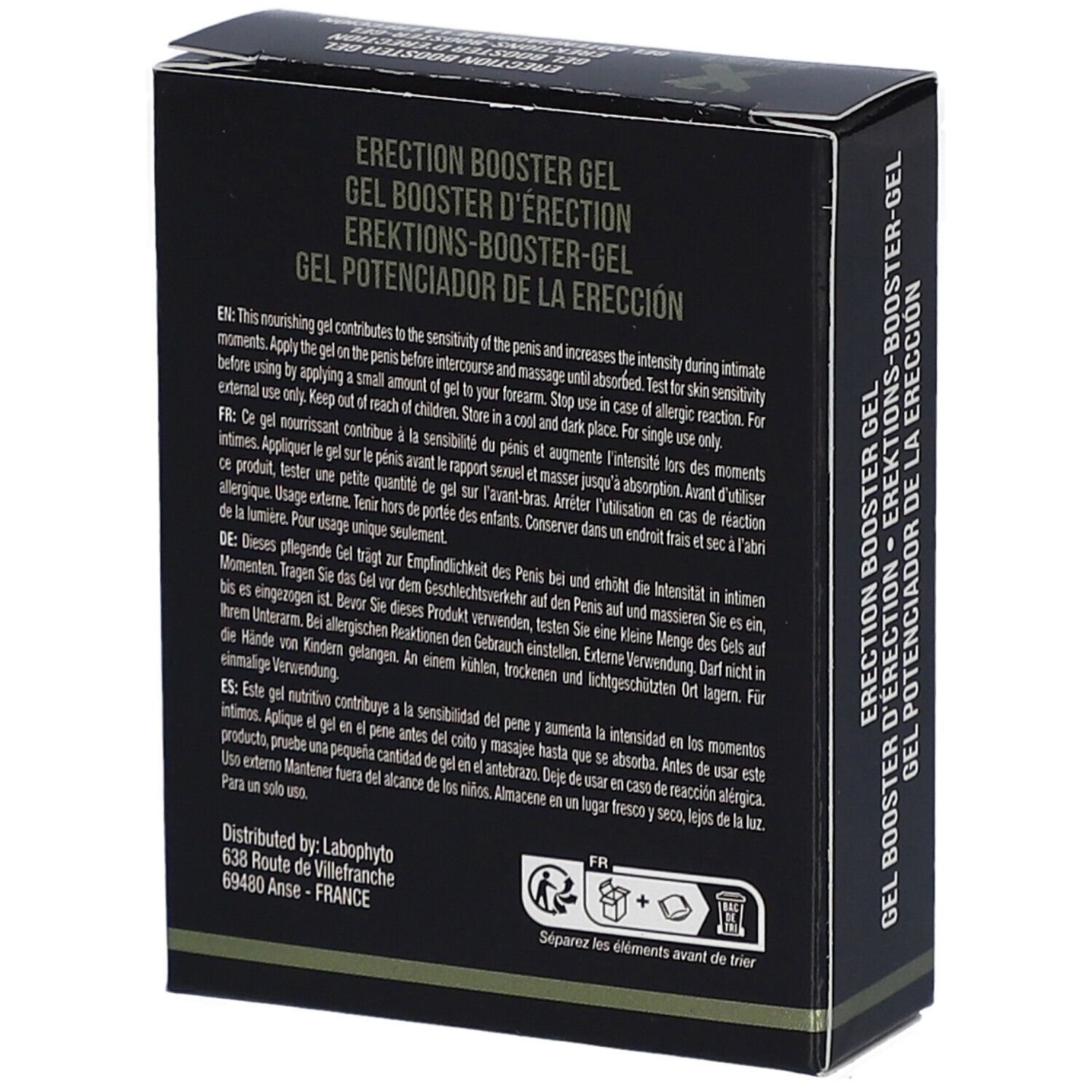 Schwarze Schachtel mit Text. Enthält Informationen zum Produkt, Inhaltsstoffe und Herstelleradresse.