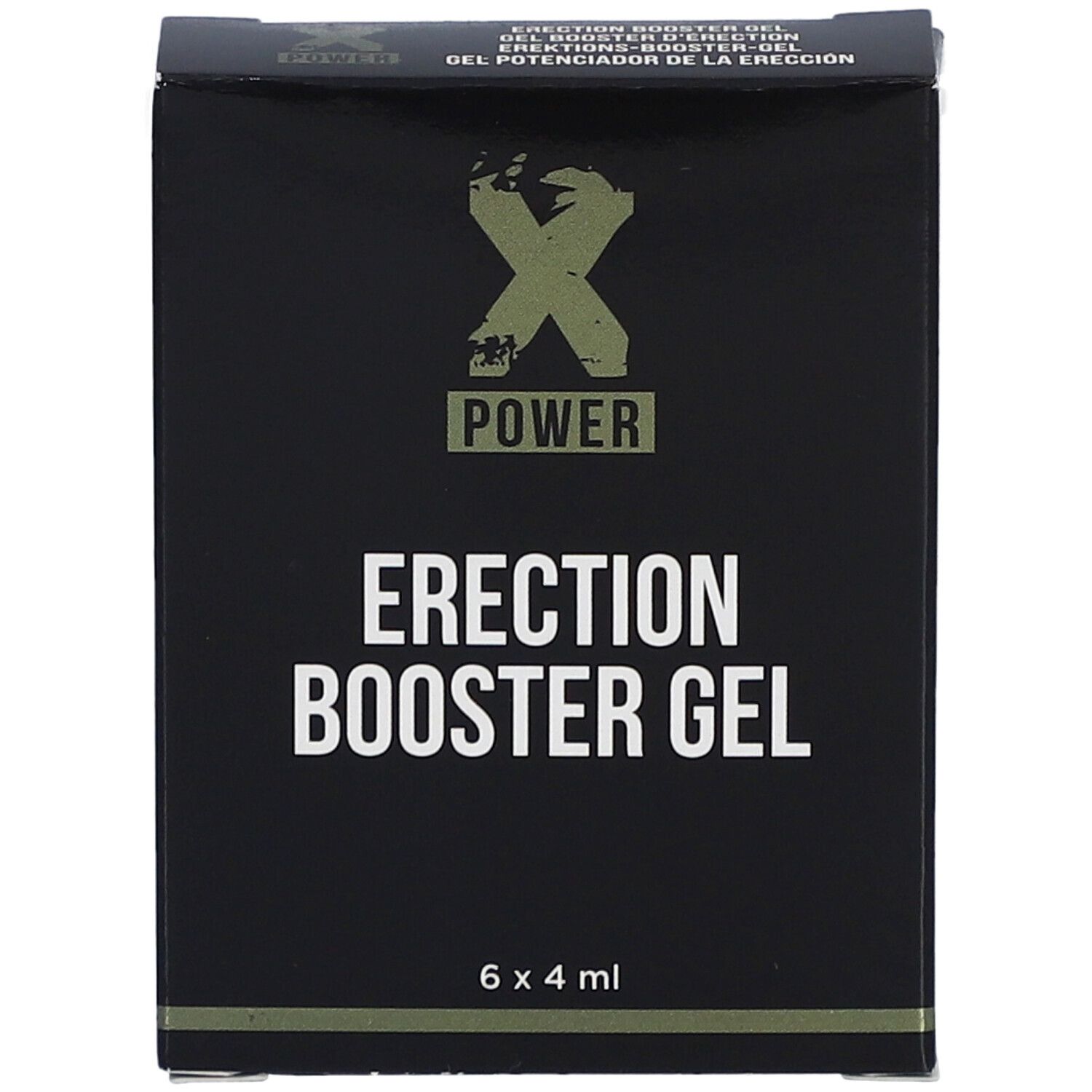 Schwarze Schachtel, "XPOWER ERECTION BOOSTER GEL". Logo und Produktname deutlich sichtbar. 6 x 4 ml.