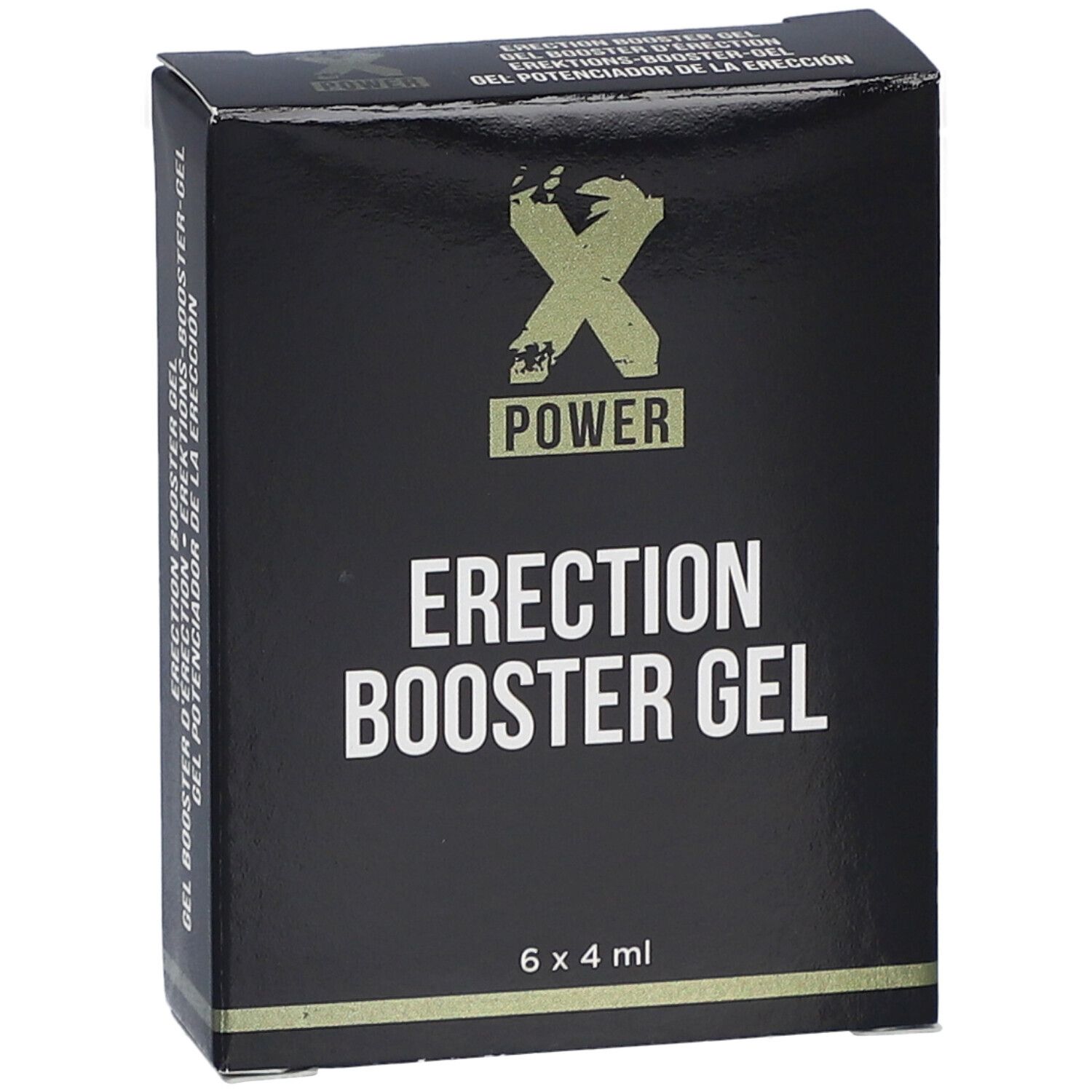 Schwarze Schachtel, "XPOWER ERECTION BOOSTER GEL". Logo und Produktname deutlich sichtbar. 6 x 4 ml.