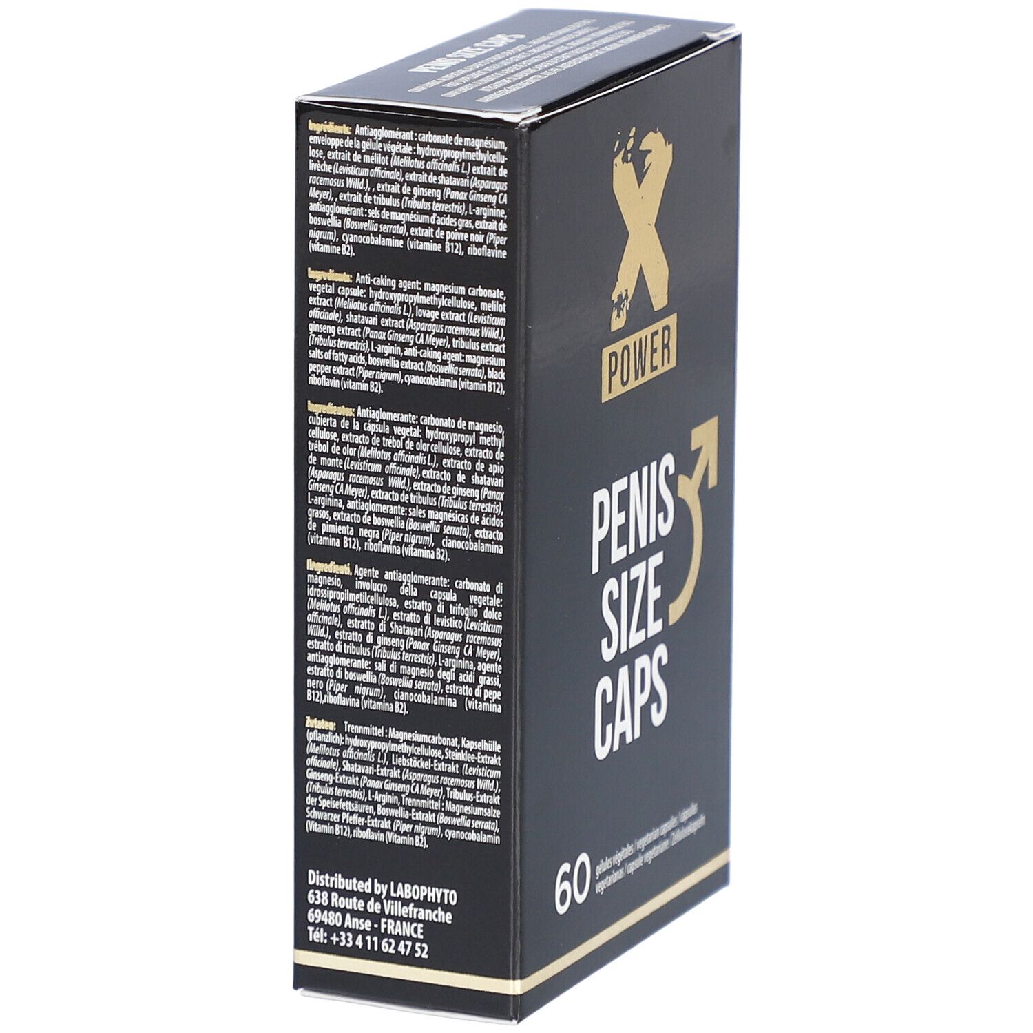 Schwarze Schachtel, Seitenansicht. Enthält Inhaltsstoffangaben und Herstellerinformationen. "XPOWER" und "PENIS SIZE CAPS" sichtbar.