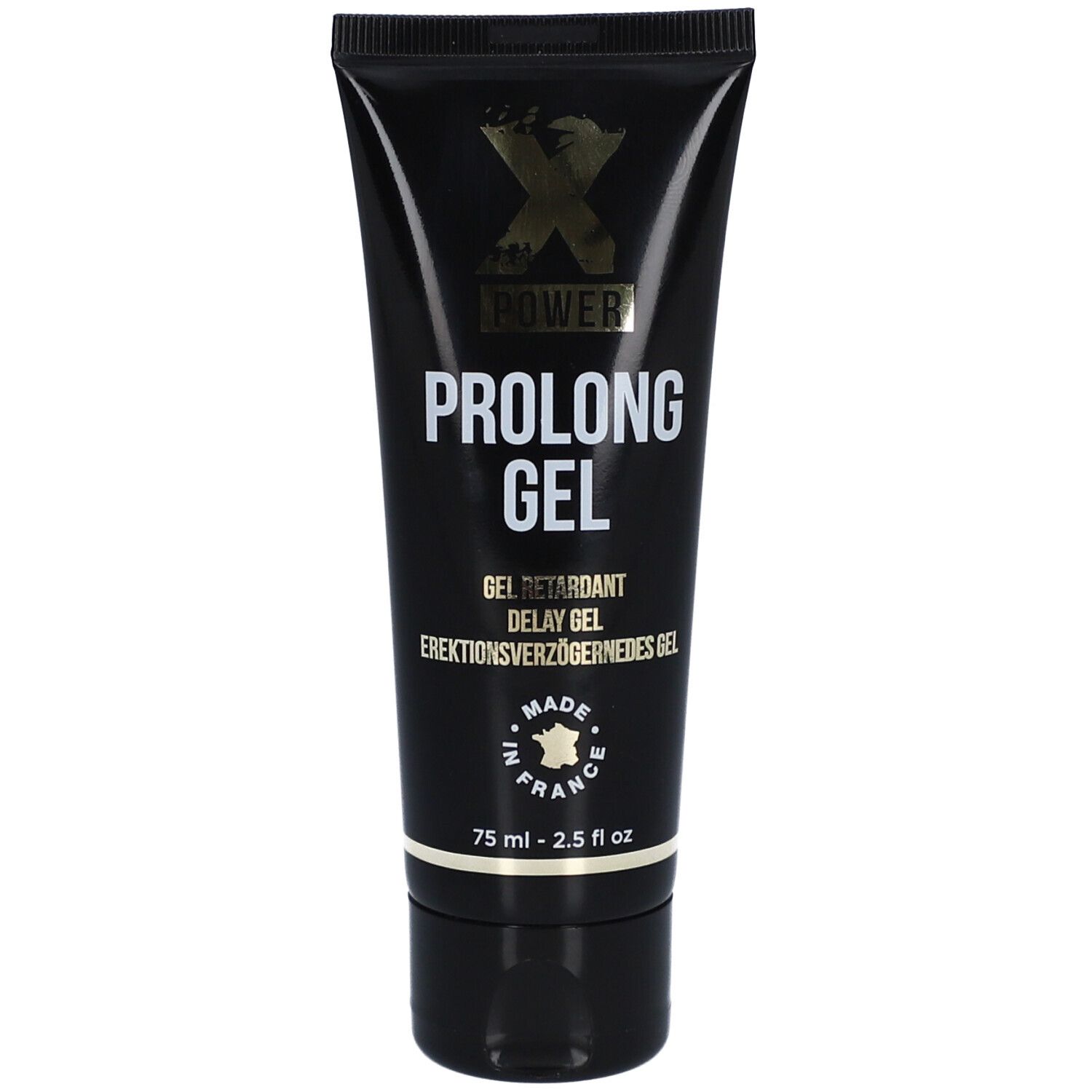 Schwarze Tube mit "XPOWER" Logo und "PROLONG GEL" Schriftzug. Enthält 75 ml. "MADE IN FRANCE".