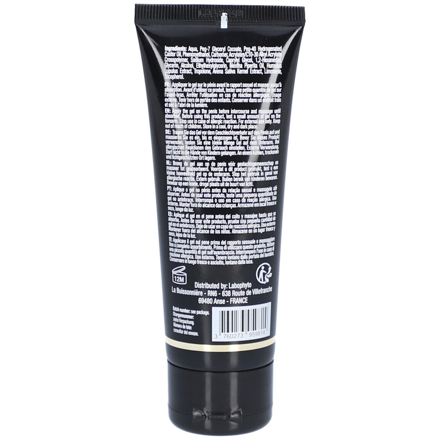 Rückseite der schwarzen Tube mit Text. Enthält Inhaltsstoffe, Gebrauchsanweisung und Herstellerinformationen.
