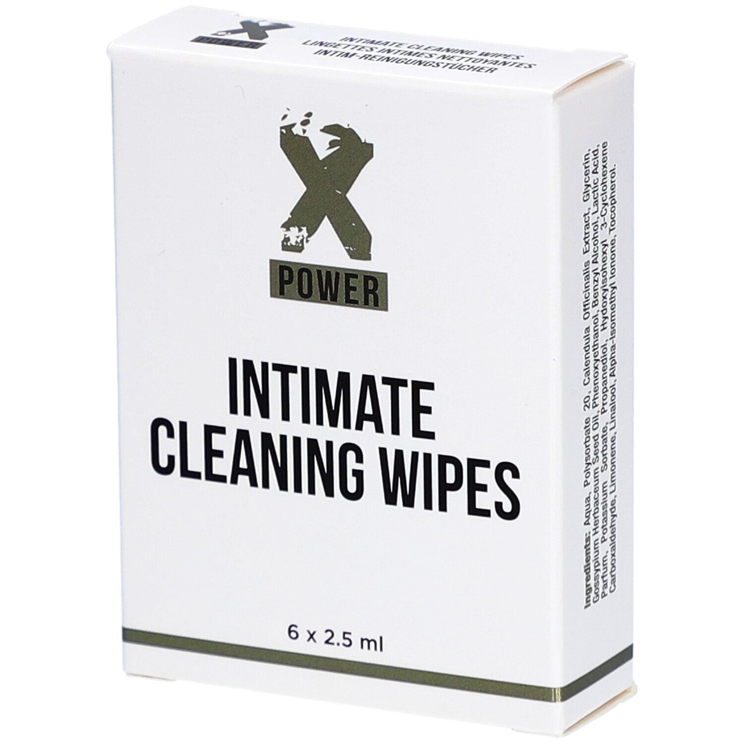 Boîte blanche avec logo "X POWER" et texte "INTIMATE CLEANING WIPES". Contient 6 lingettes.