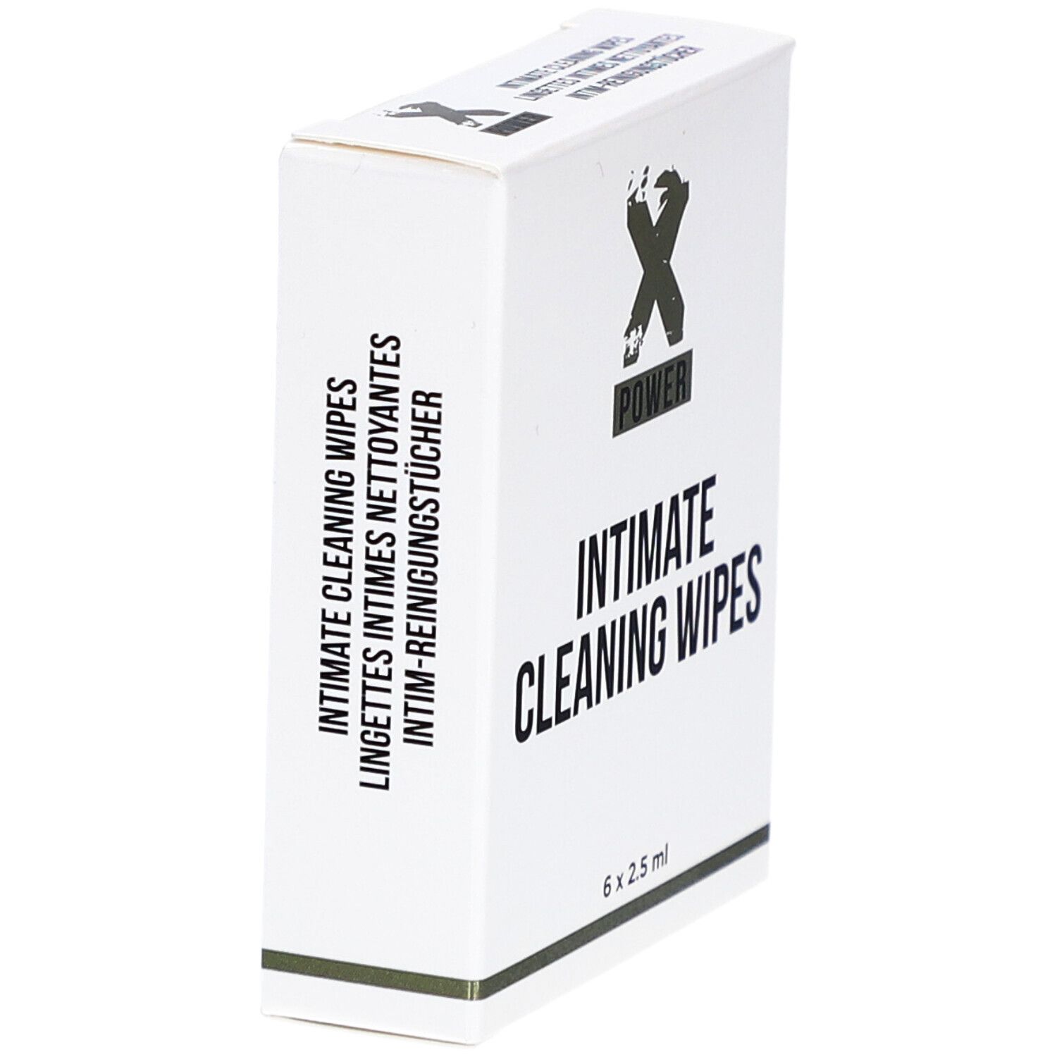 Boîte blanche avec logo "X POWER" et texte "INTIMATE CLEANING WIPES". Vue latérale.