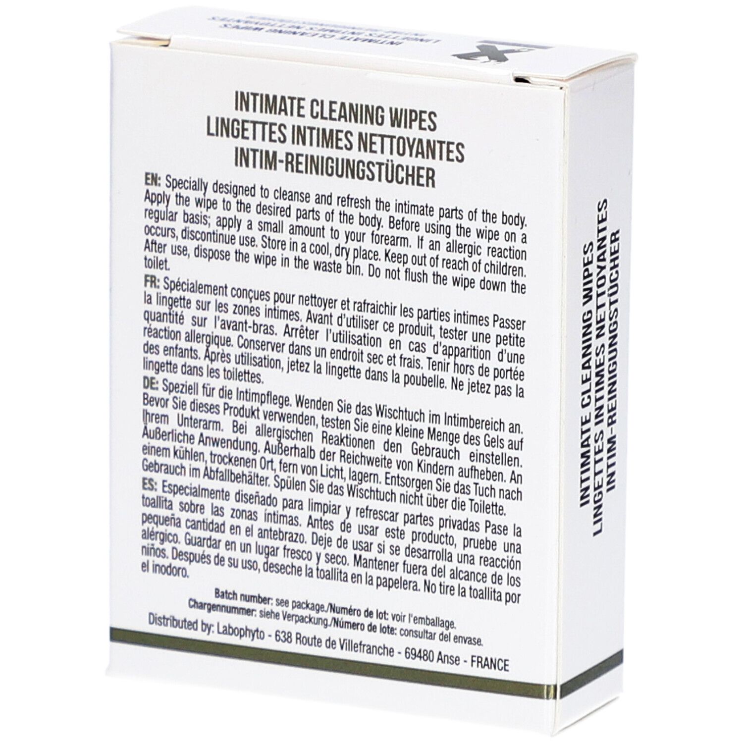 Boîte blanche avec texte multilingue. Contient des informations sur les ingrédients et l'utilisation.